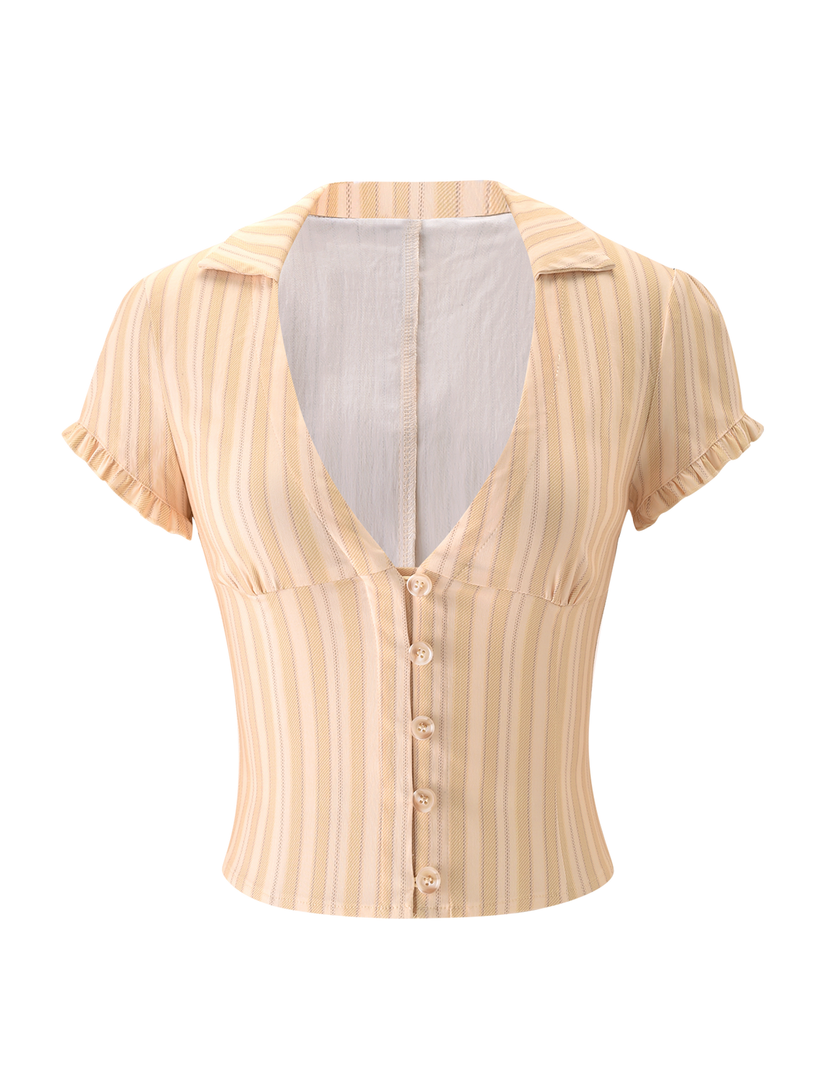The KITTIE SHIRT - YELLOW STRIPE by TIGERMIST is a short-sleeved, cropped blouse with yellow and white stripes, stretch suiting fabric, a deep V-neckline, button-down front, small collar, and ruffled sleeve edges.