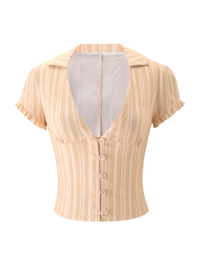 The KITTIE SHIRT - YELLOW STRIPE by TIGERMIST is a short-sleeved, cropped blouse with yellow and white stripes, stretch suiting fabric, a deep V-neckline, button-down front, small collar, and ruffled sleeve edges.