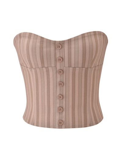 The TIGERMIST KITTIE STRAPLESS CORSET - TAUPE STRIPE is a strapless top in stretch suiting fabric with beige vertical stripes and six matching front buttons, shown against a white background.