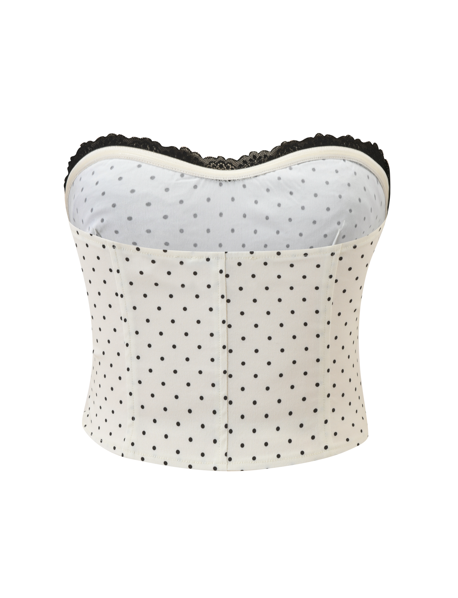 TIGERMIST KITTIE LACE CORSET - CREAM DOT: Cream strapless corset top with playful polka dots, black lace trim along the top, and visible vertical seams. Displayed on a plain white background.