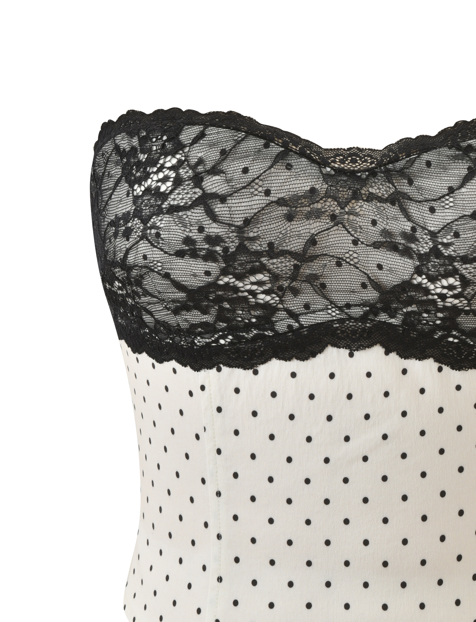 Close-up of the KITTIE LACE CORSET - CREAM DOT by TIGERMIST, featuring a strapless cream corset with black polka dots and scalloped black floral lace trim along the top, set against a plain white background.