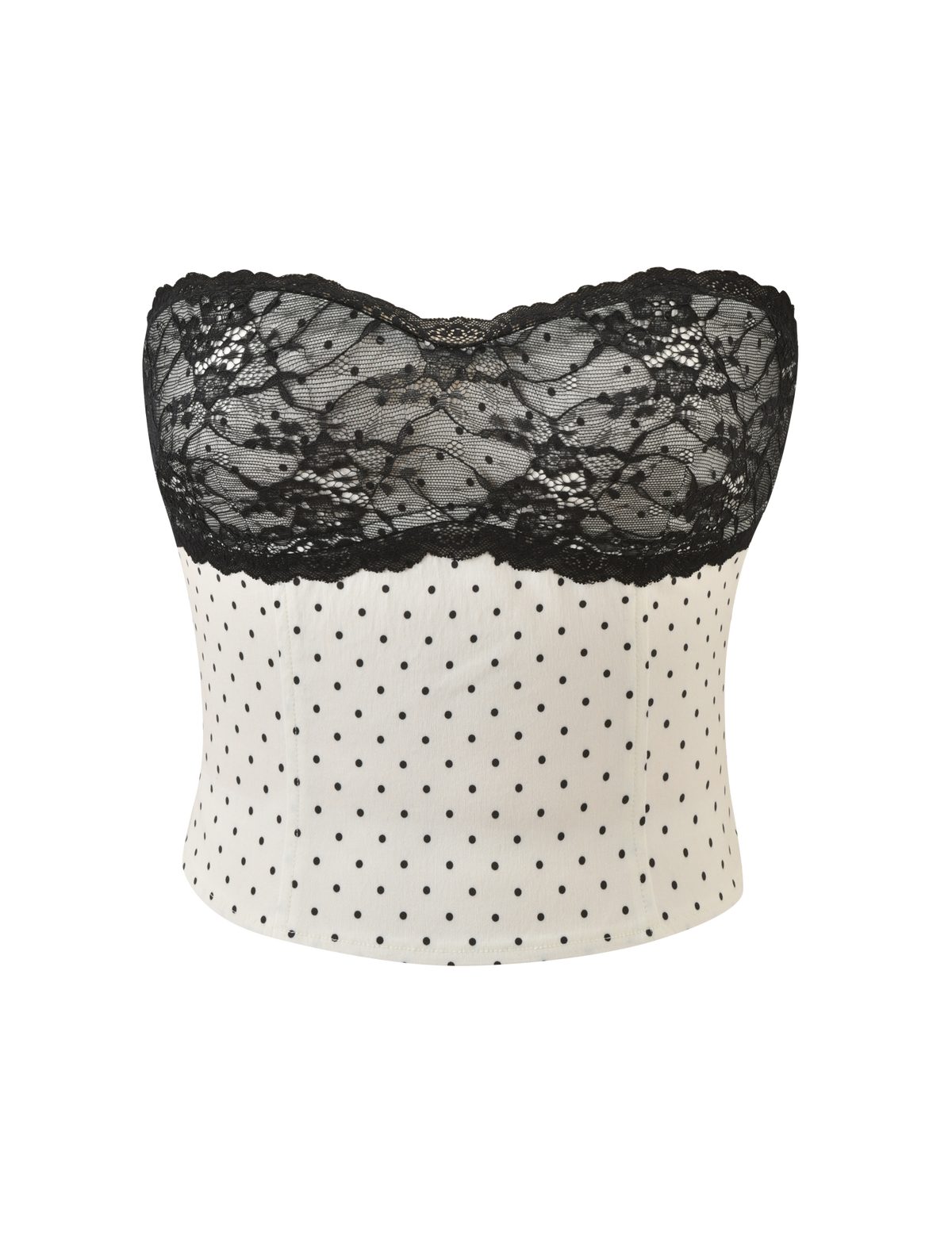 The KITTIE LACE CORSET - CREAM DOT by TIGERMIST features a strapless design with black lace overlay on the chest and a white bodice with playful black polka dots, creating a fitted, chic silhouette.