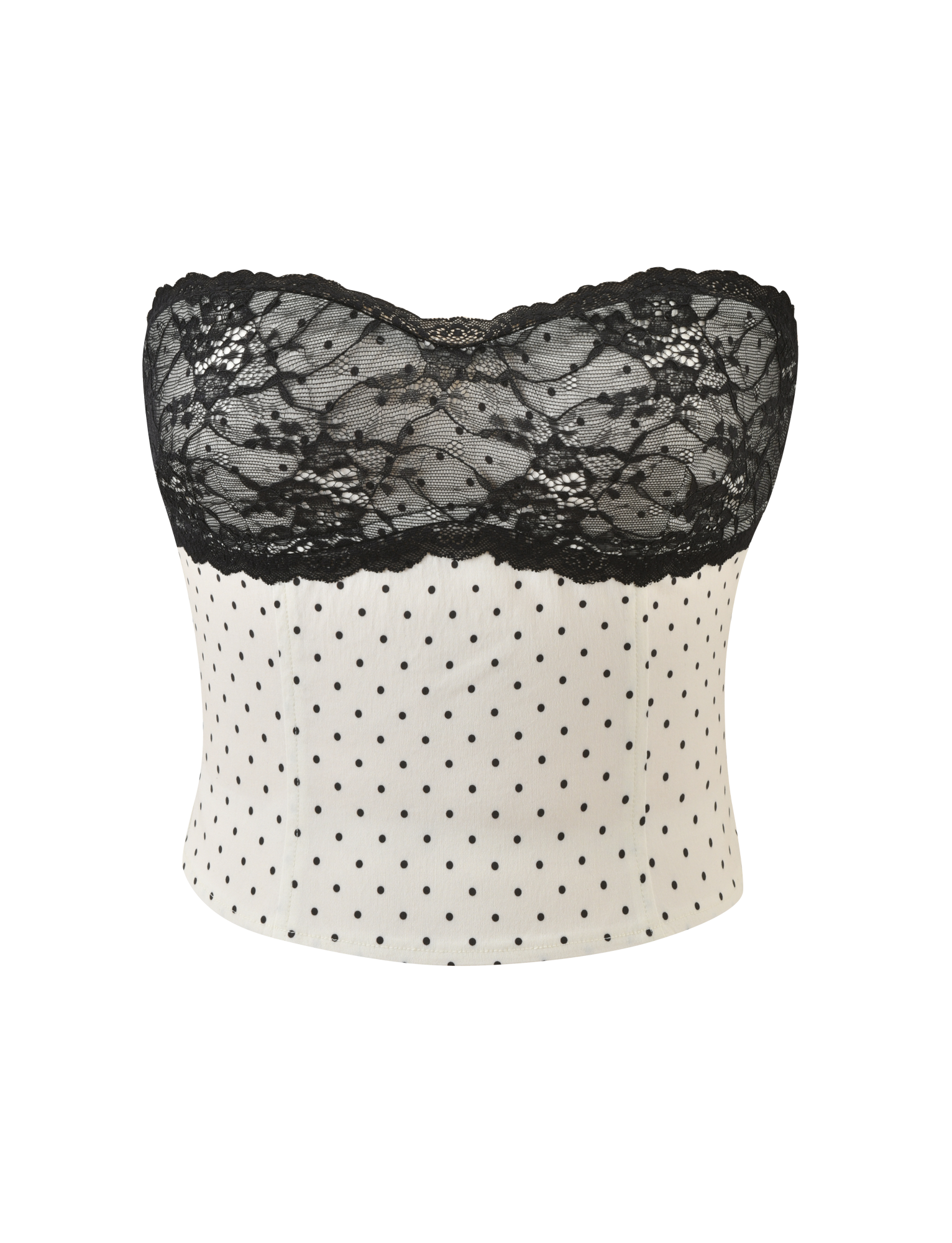 The KITTIE LACE CORSET - CREAM DOT by TIGERMIST features a strapless design with black lace overlay on the chest and a white bodice with playful black polka dots, creating a fitted, chic silhouette.