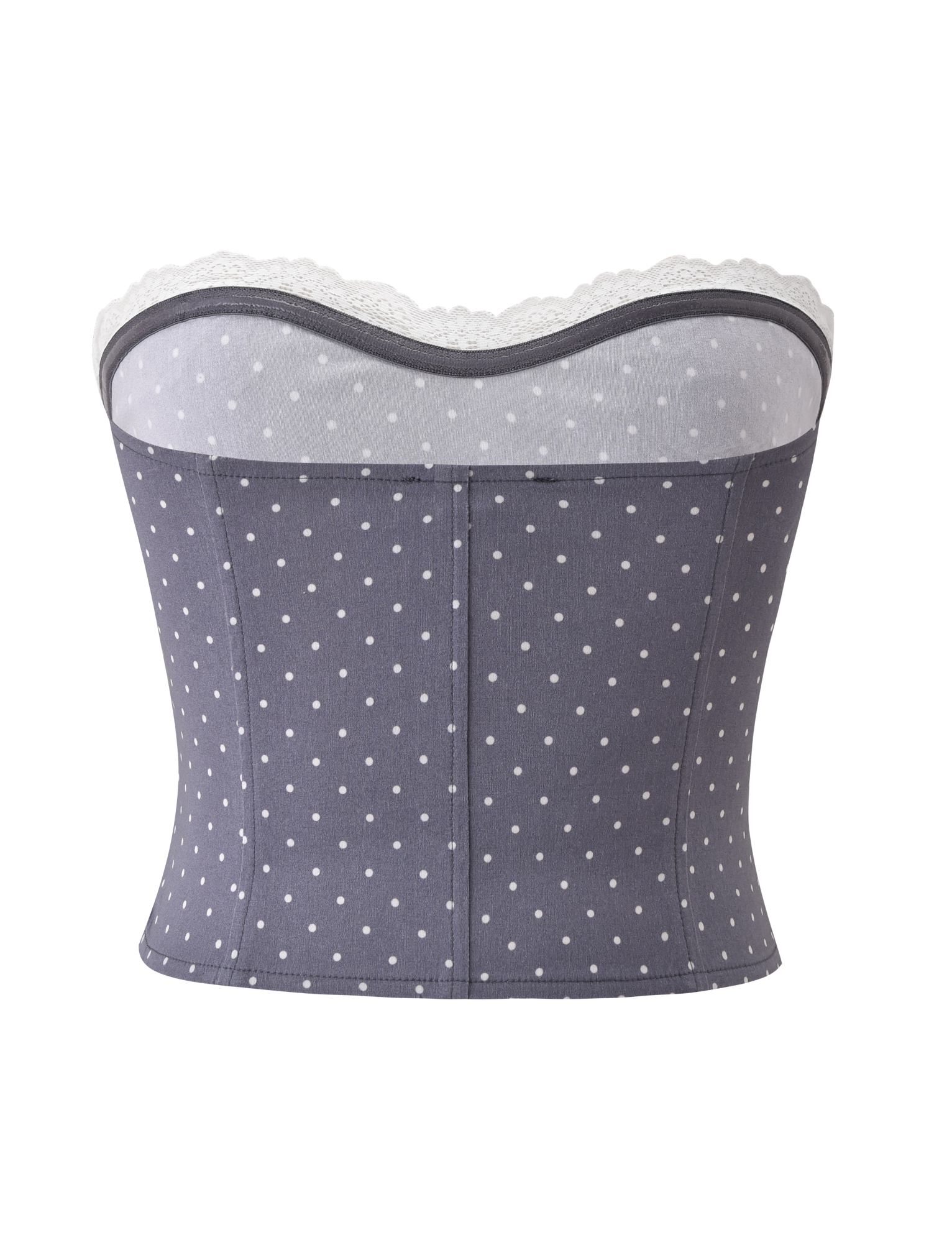 The KITTIE LACE CORSET - GREY DOT by TIGERMIST features a gray polka dot print, lace-trimmed sweetheart neckline, and visible seam lines, shown against a white background.
