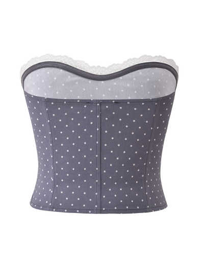 The KITTIE LACE CORSET - GREY DOT by TIGERMIST features a gray polka dot print, lace-trimmed sweetheart neckline, and visible seam lines, shown against a white background.