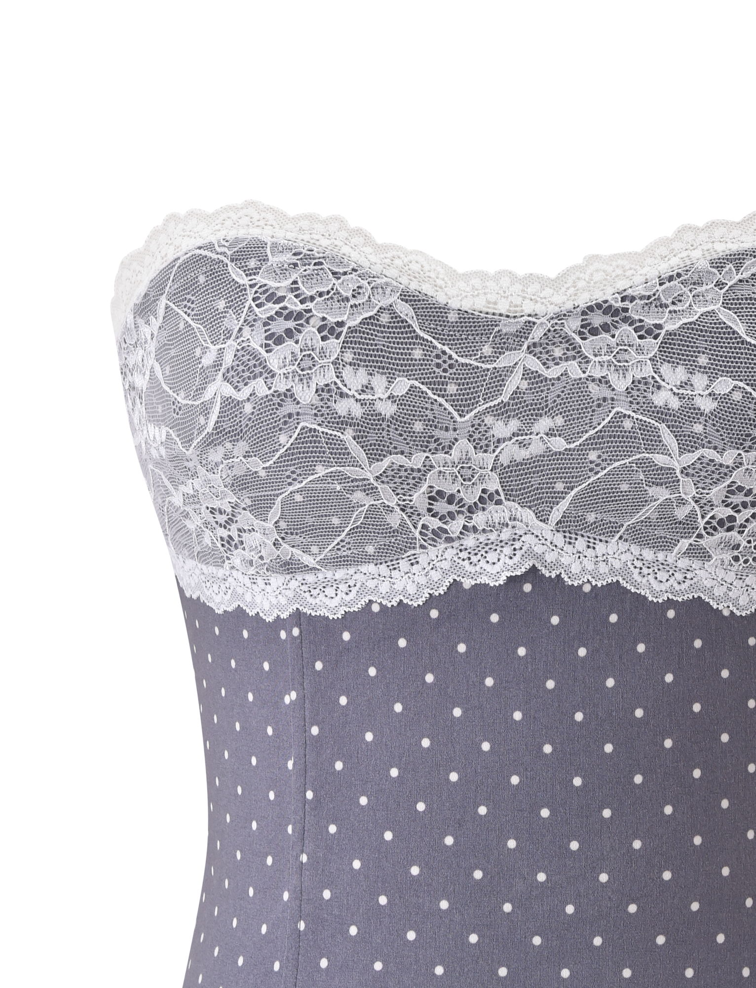 Close-up of the TIGERMIST KITTIE LACE CORSET - GREY DOT, a strapless gray corset with polka dots and white floral lace trim along the sweetheart neckline.