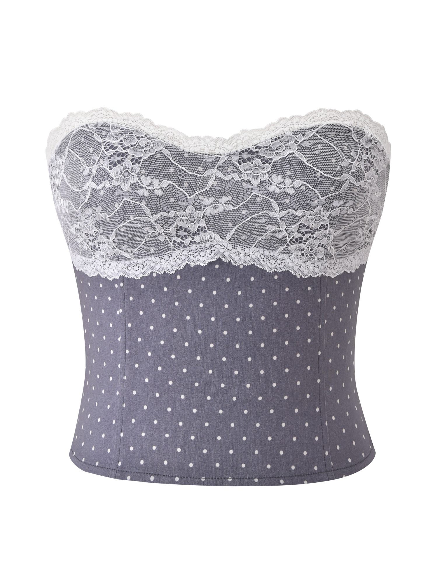 The KITTIE LACE CORSET - GREY DOT by TIGERMIST is a strapless top in grey and white polka dots, finished with a scalloped white lace trim along the sweetheart neckline.