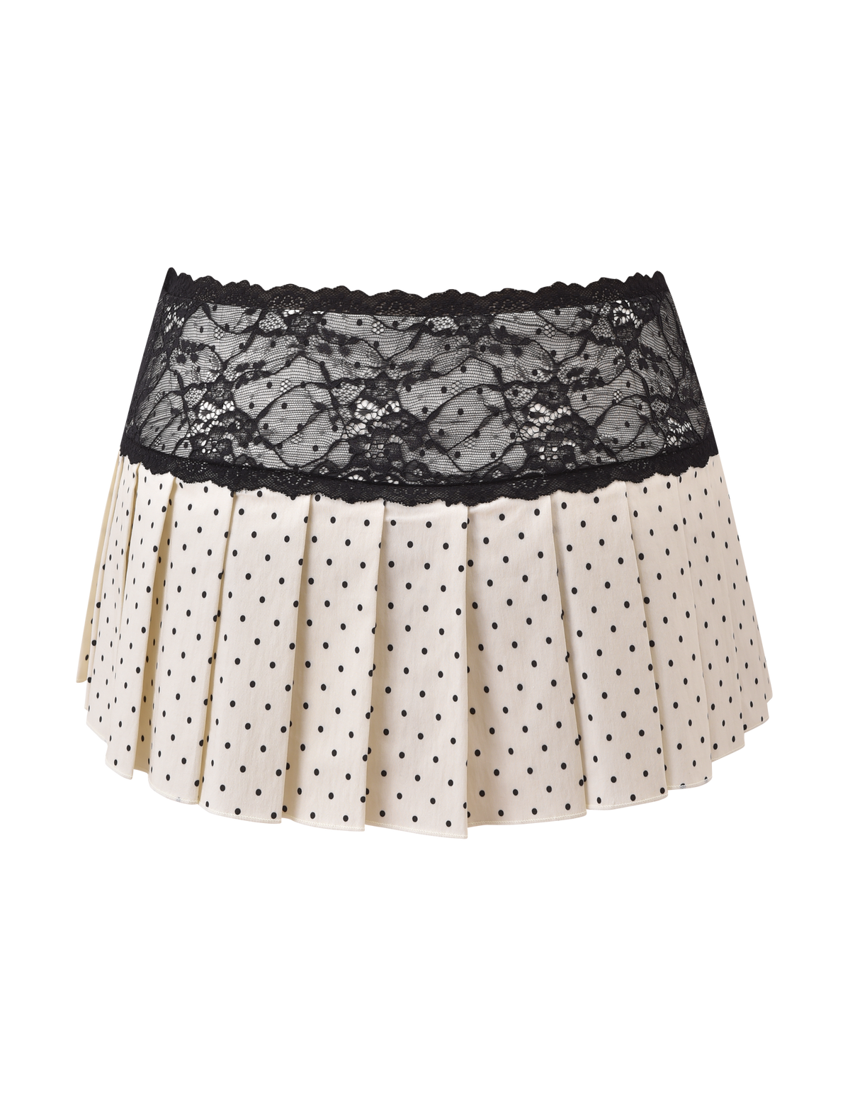 The TIGERMIST KITTIE LACE SKORT - CREAM DOT is a cream pleated mini skort with black polka dots and a wide black lace waistband, shown on a plain white background.