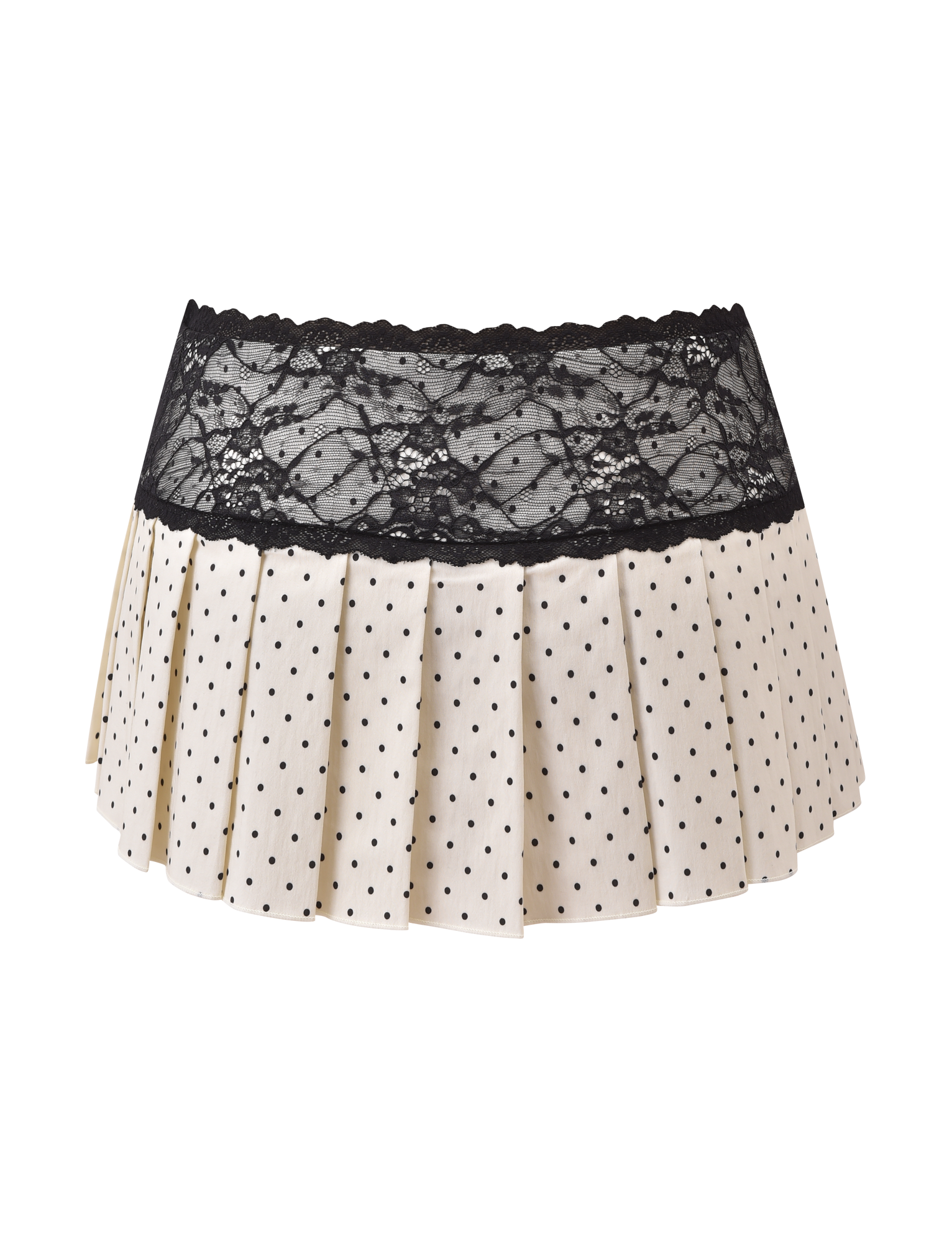 The TIGERMIST KITTIE LACE SKORT - CREAM DOT is a cream pleated mini skort with black polka dots and a wide black lace waistband, shown on a plain white background.