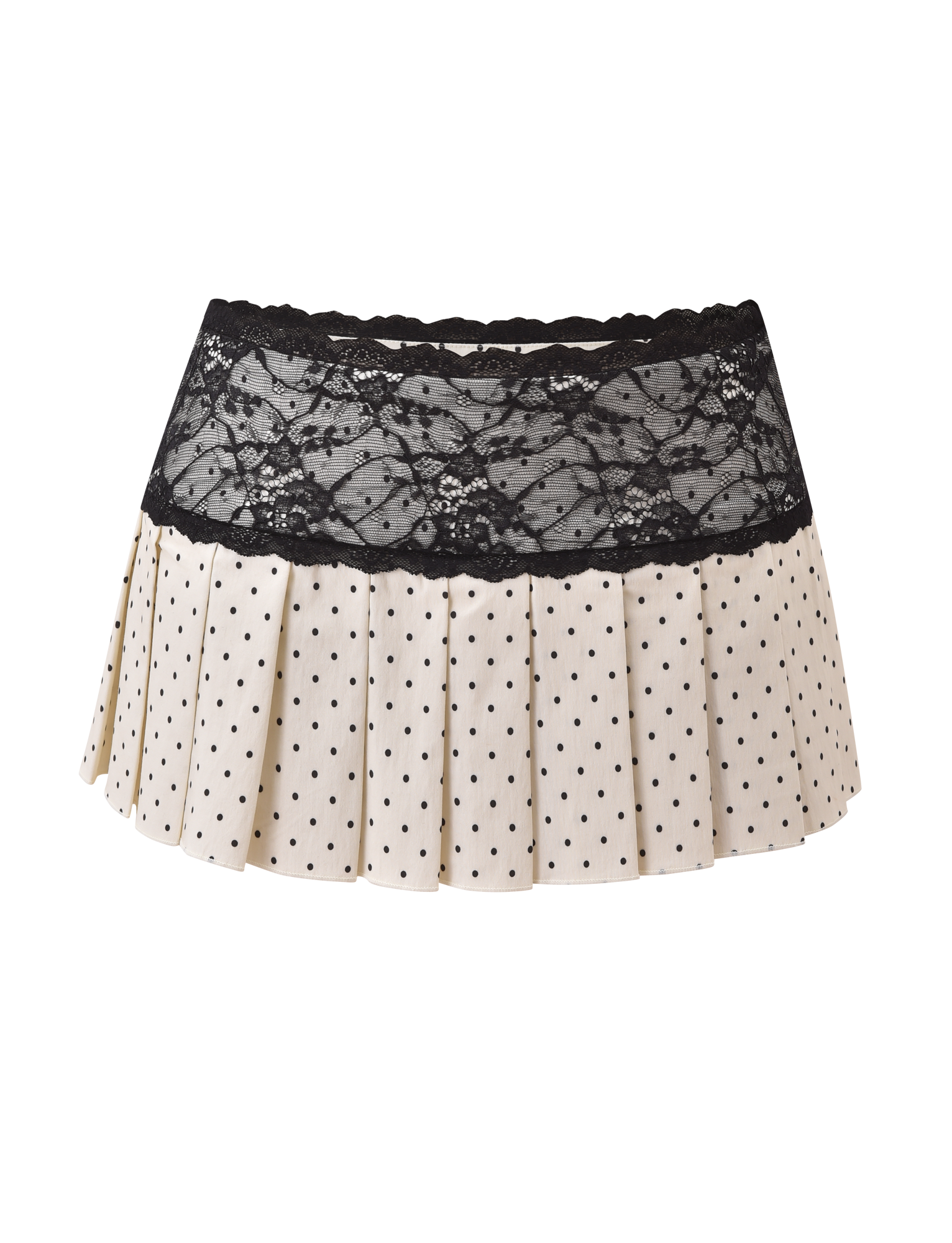 The TIGERMIST KITTIE LACE SKORT - CREAM DOT is a cream pleated mini skort with black polka dots and a wide black lace waistband, shown against a plain white background.