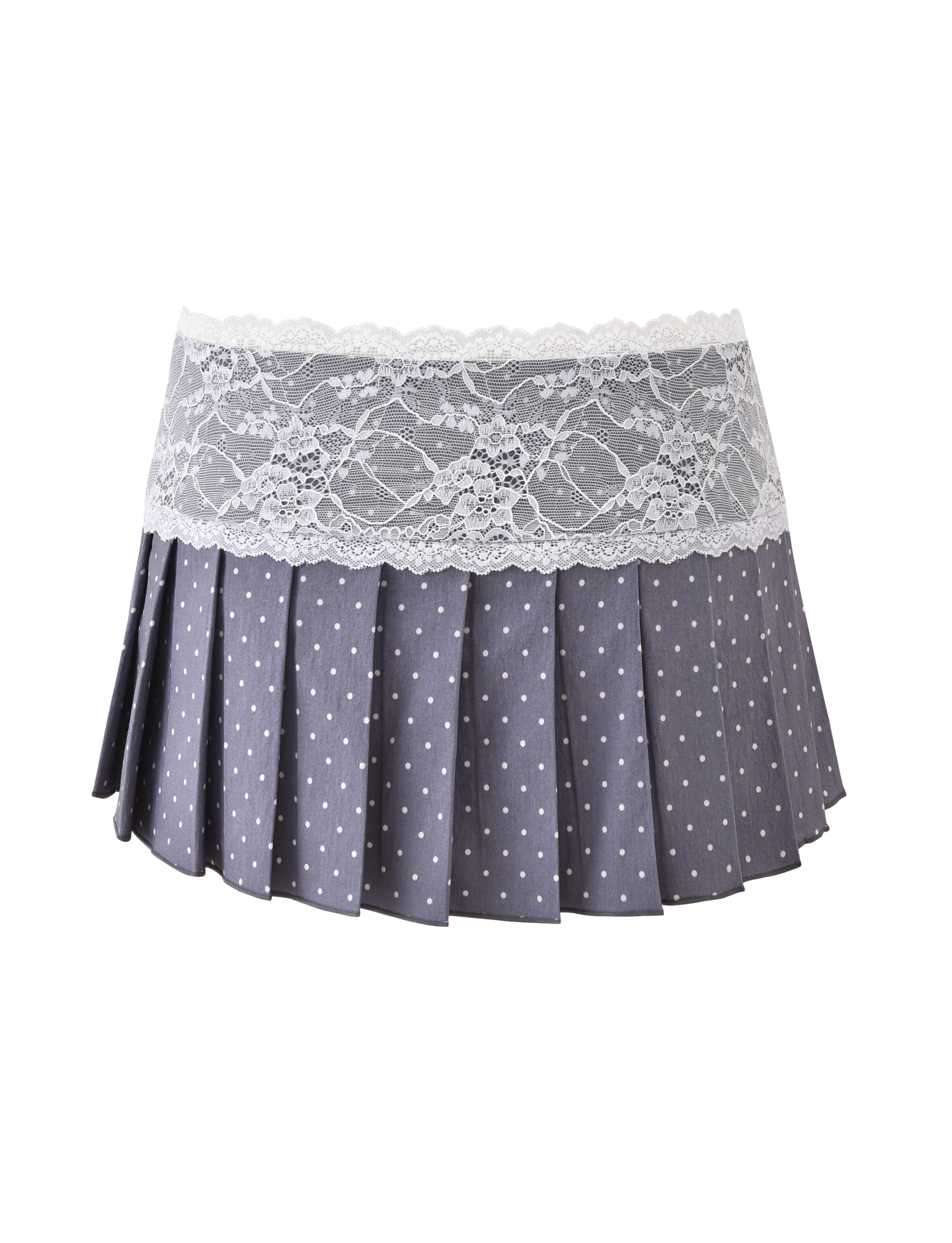 The TIGERMIST KITTIE LACE SKORT - GREY DOT is a pleated gray mini skort with a playful polka dot print and a wide white lace waist band, shown on a plain white background.