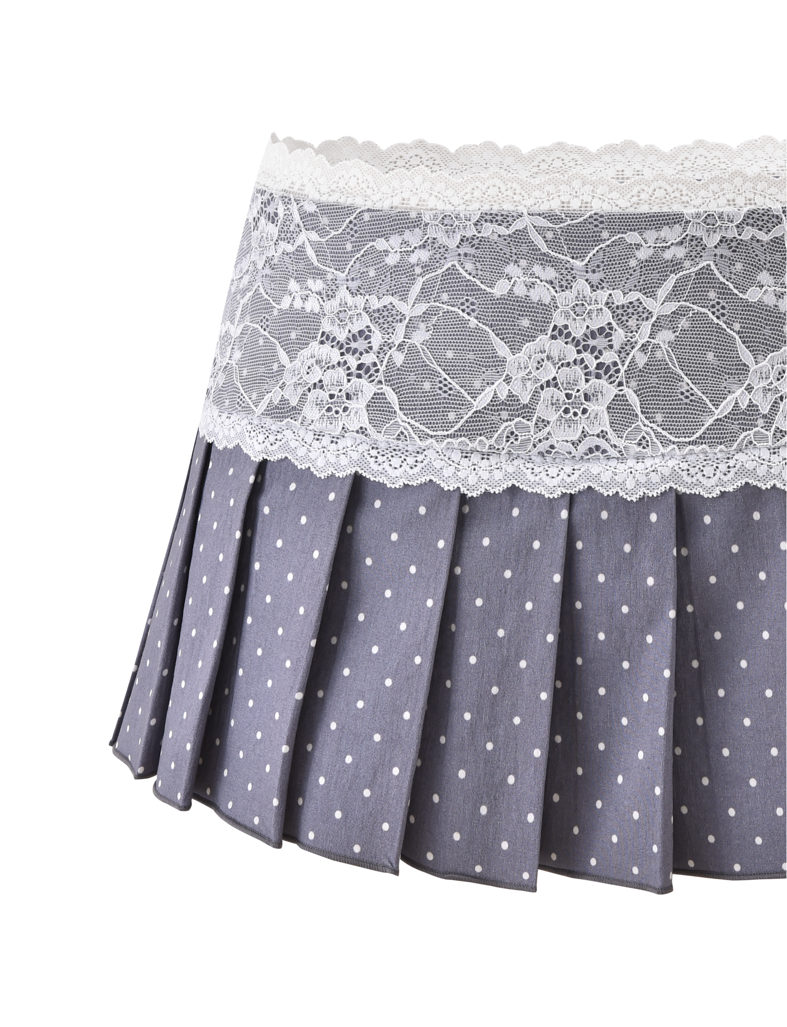 The KITTIE LACE SKORT - GREY DOT by TIGERMIST features pleated gray stretch suiting with a polka dot print and a wide band of white floral lace trim along the top edge.