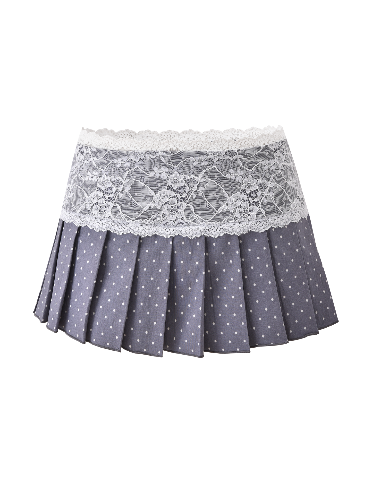 The TIGERMIST KITTIE LACE SKORT - GREY DOT features a pleated mini design in stretch suiting fabric with polka dots and a wide white lace waistband.