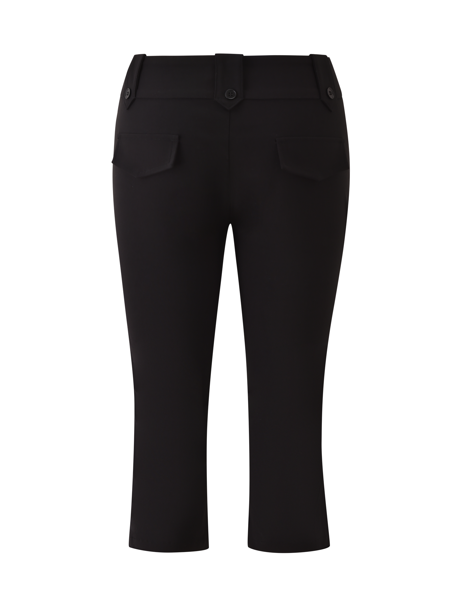 Back view of TIGERMIST's KITTIE CAPRI - BLACK in stretch suiting fabric, featuring belt loops, back flap pockets with buttons, a straight-leg cut, and a crossover waistband, displayed on a white background.
