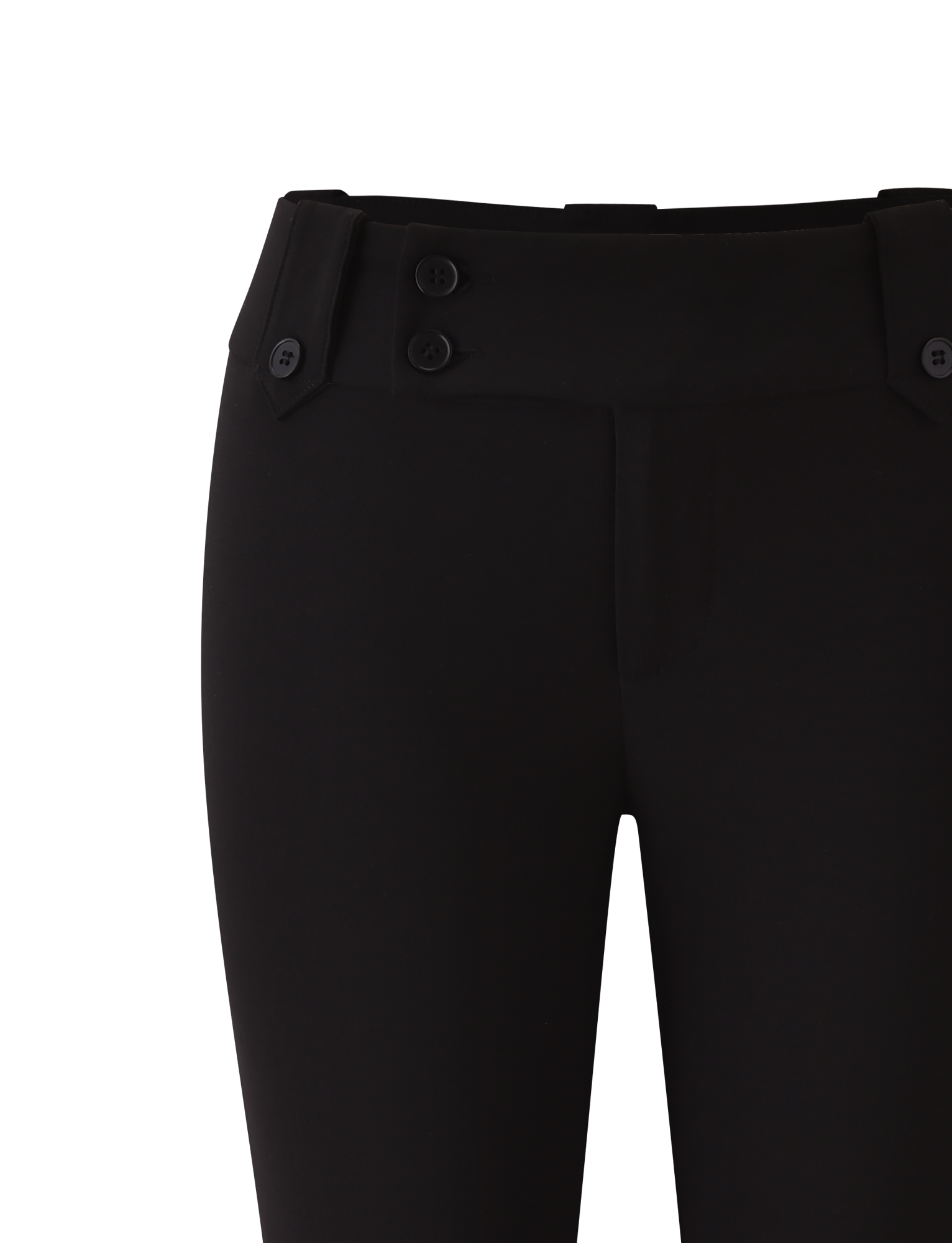 Close-up of TIGERMIST's KITTIE CAPRI - BLACK, highlighting its crossover waistband with two buttons and stretch suiting fabric, focused on the waist and upper legs against a plain white background.