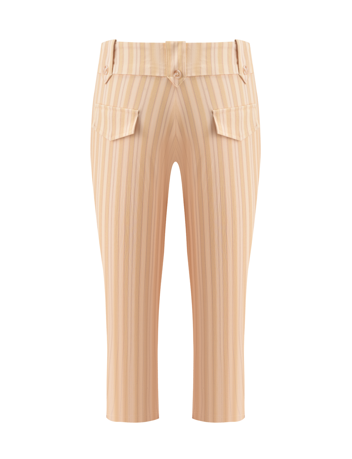 The TIGERMIST KITTIE CAPRI - YELLOW STRIPE are cropped pants in yellow stripes, made from stretch suiting fabric with belt loops, two back flap pockets with buttons, and a central seam, shown against a white background.