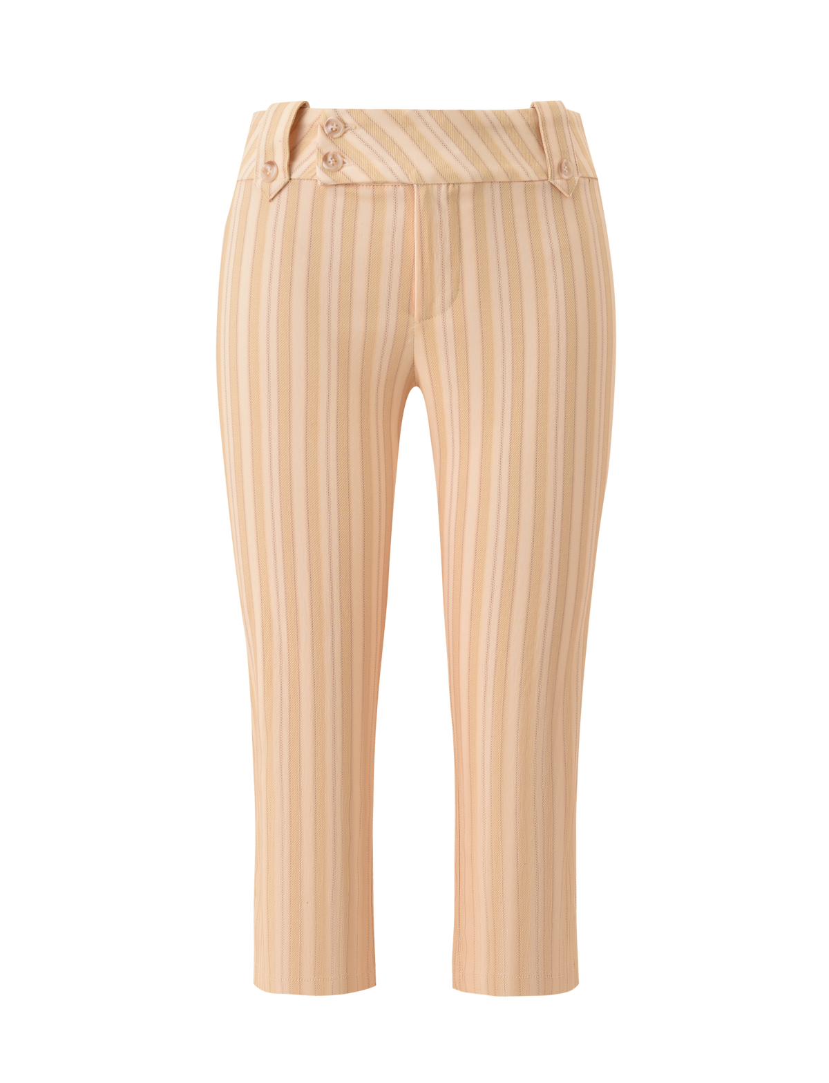 TIGERMIST KITTIE CAPRI - YELLOW STRIPE: Cropped, tailored stretch pants with vertical yellow stripes and front button waistband detail, shown on a white background.