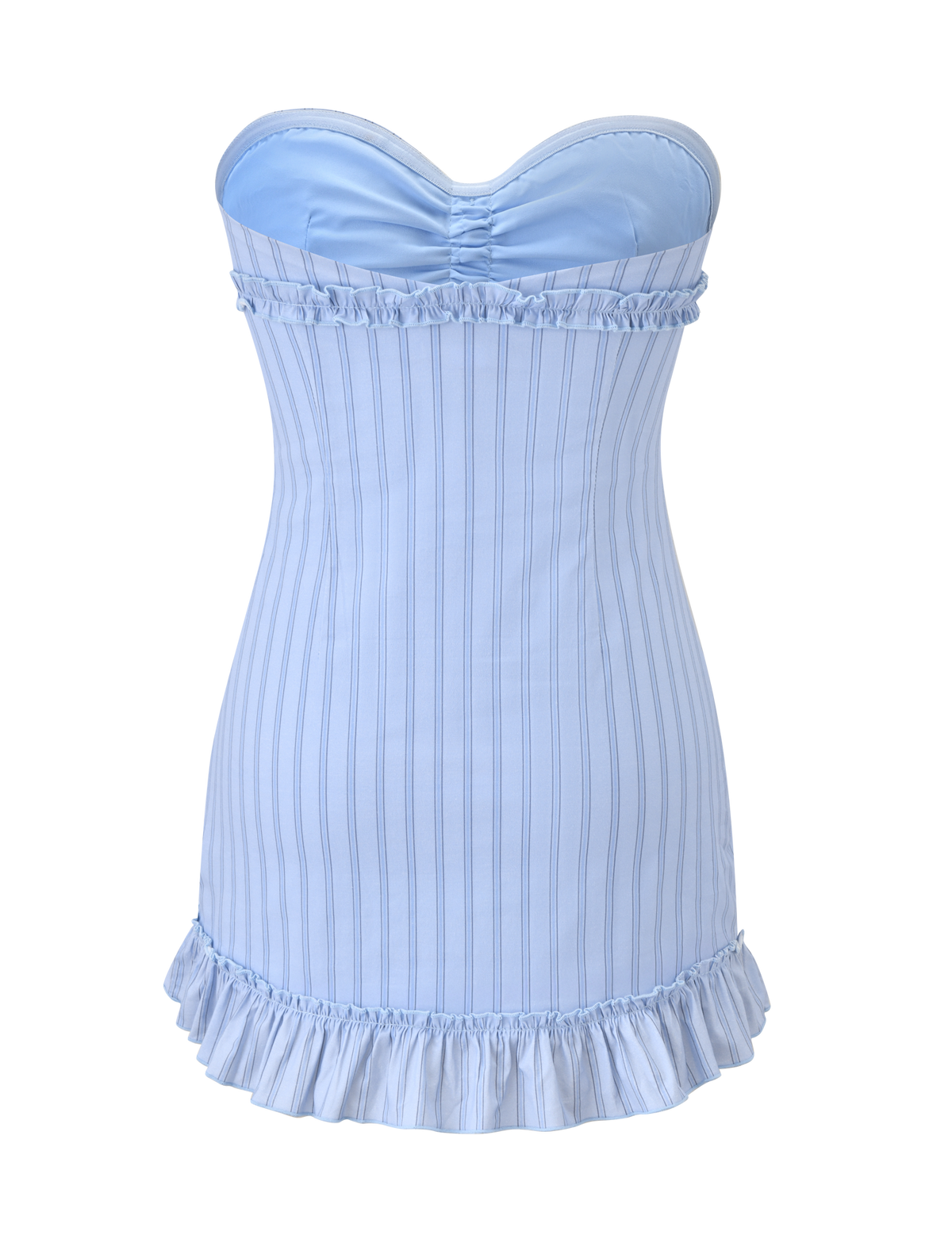 The KITTIE STRAPLESS DRESS - BLUE STRIPE by TIGERMIST is a strapless mini dress with thin vertical stripes, ruffled trim at the top and hem, and a fitted silhouette for a charming look.