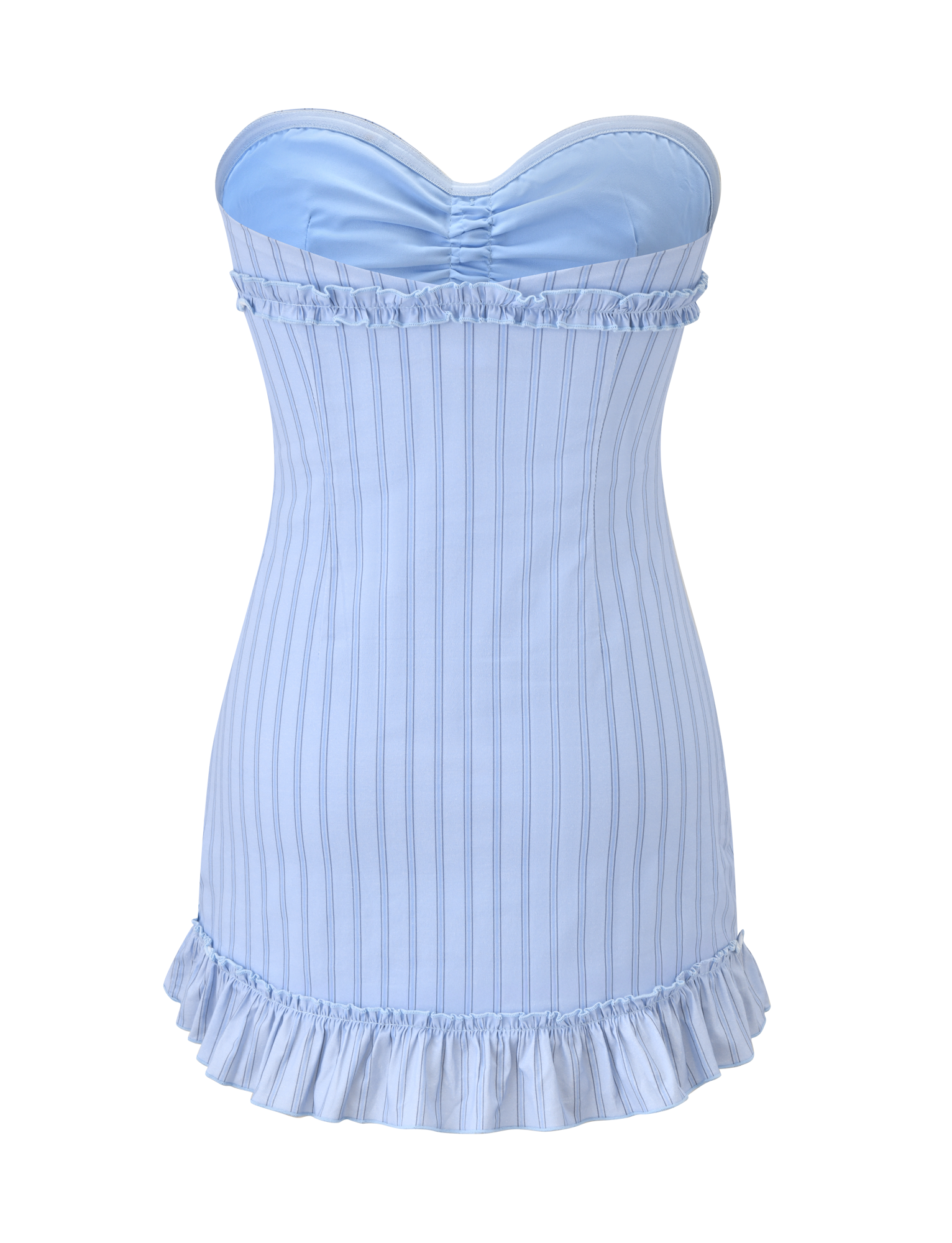 The KITTIE STRAPLESS DRESS - BLUE STRIPE by TIGERMIST is a strapless mini dress with thin vertical stripes, ruffled trim at the top and hem, and a fitted silhouette for a charming look.