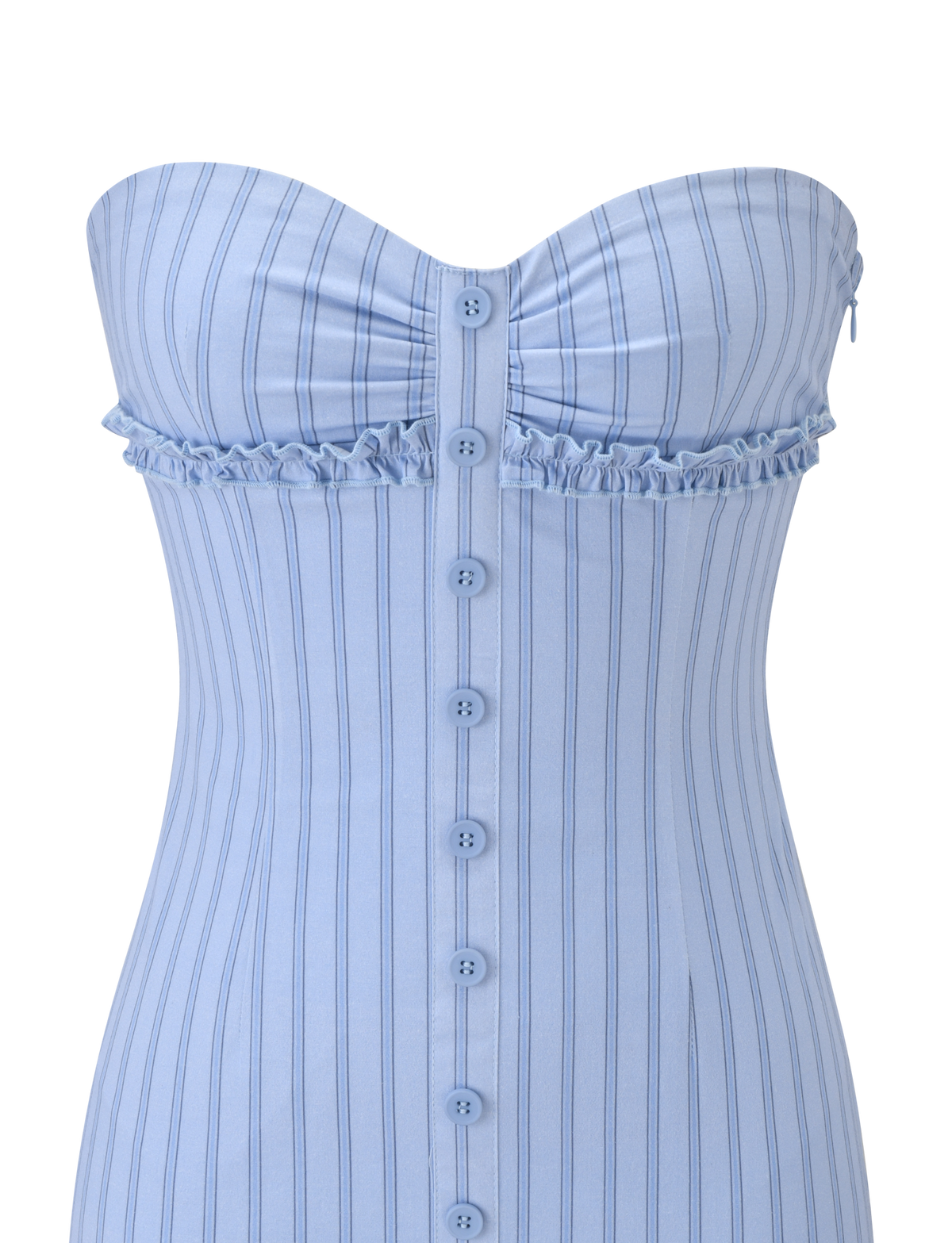 The TIGERMIST KITTIE STRAPLESS DRESS - BLUE STRIPE features vertical white stripes, a mini length, front buttons, a gathered bust, and a ruffle trim under the sweetheart neckline.