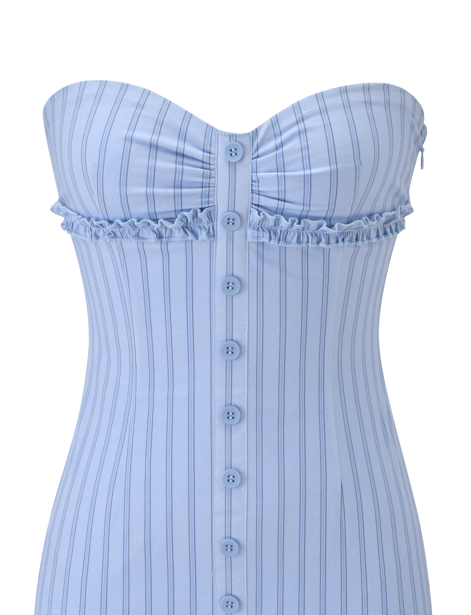 The TIGERMIST KITTIE STRAPLESS DRESS - BLUE STRIPE features vertical white stripes, a mini length, front buttons, a gathered bust, and a ruffle trim under the sweetheart neckline.