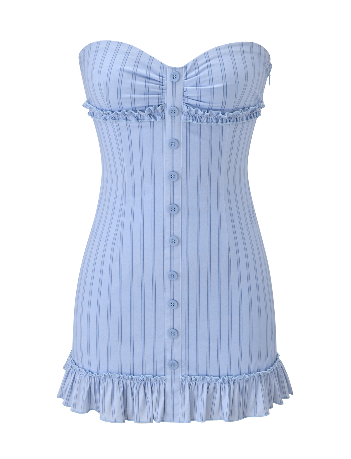 The KITTIE STRAPLESS DRESS - BLUE STRIPE by TIGERMIST is a light blue, strapless mini dress featuring vertical pinstripes, a front button-down closure, gathered bust, sweetheart neckline, and ruffle trim at the waist and hem.