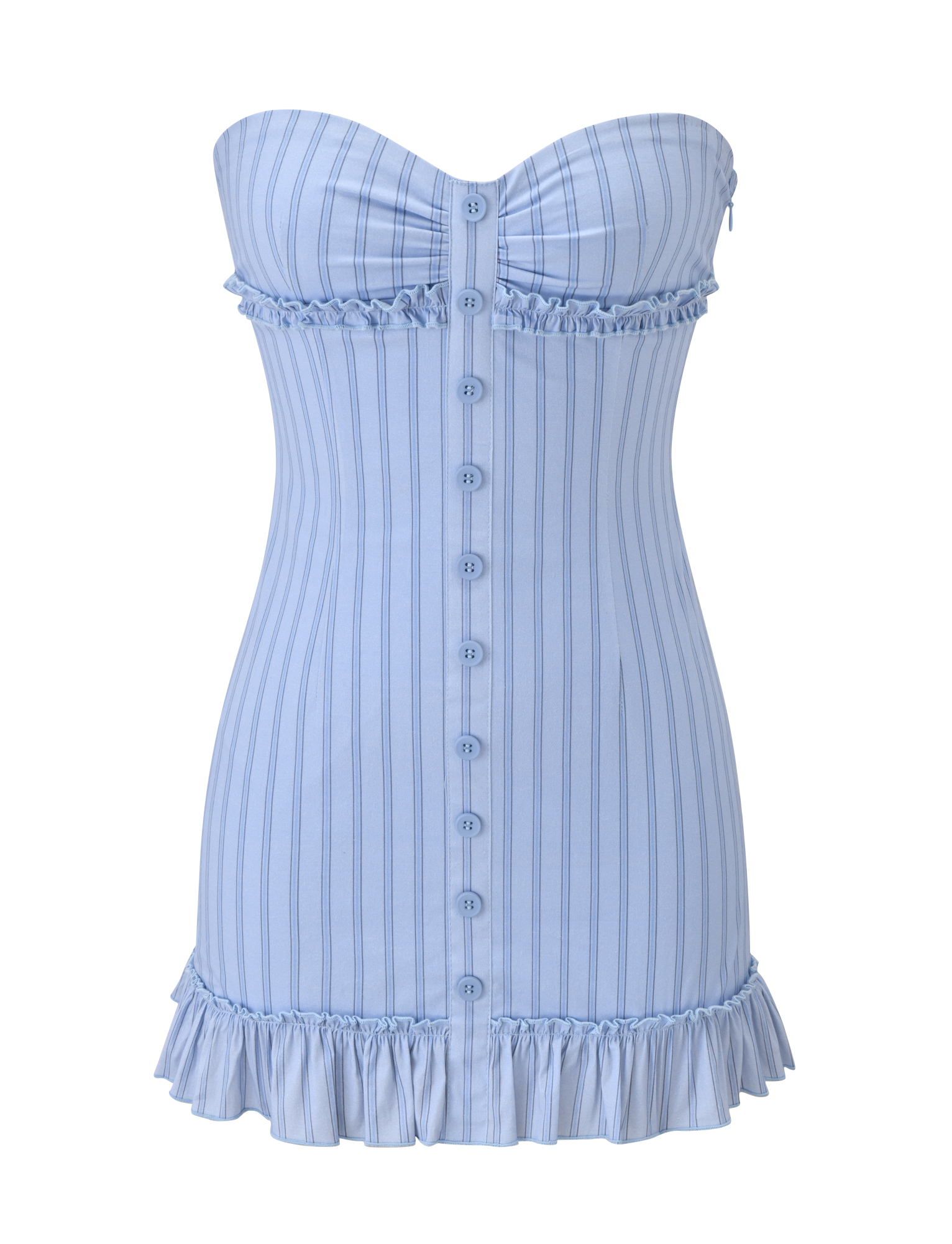 The KITTIE STRAPLESS DRESS - BLUE STRIPE by TIGERMIST is a light blue, strapless mini dress featuring vertical pinstripes, a front button-down closure, gathered bust, sweetheart neckline, and ruffle trim at the waist and hem.