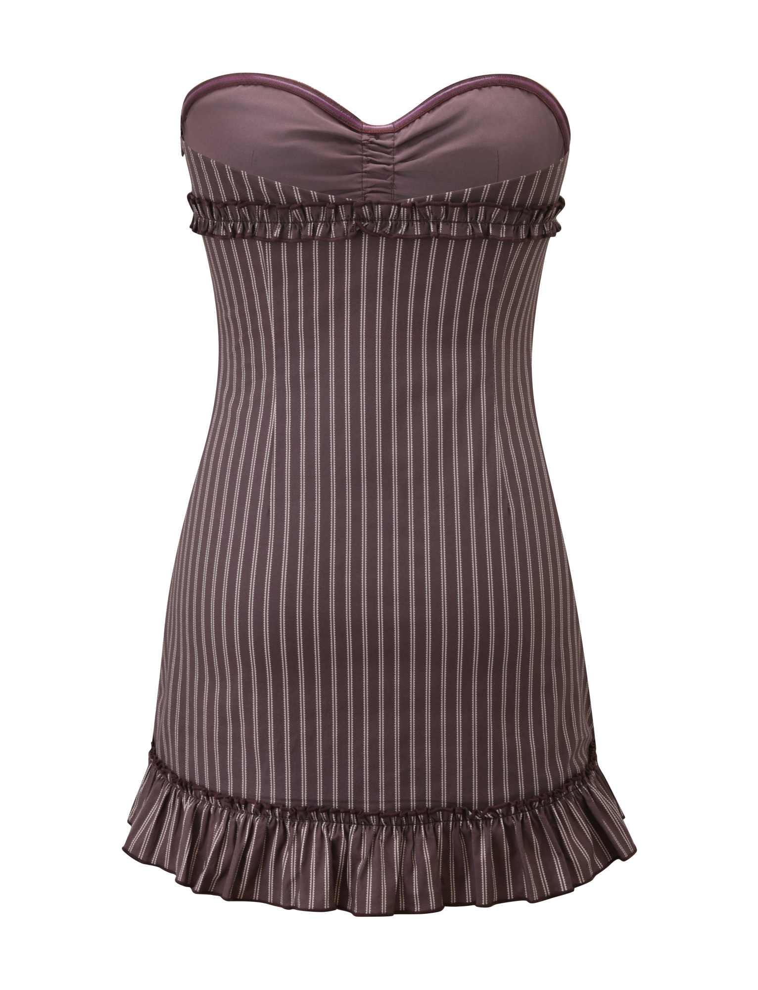 The TIGERMIST KITTIE STRAPLESS DRESS features brown and cream vertical stripes, a subtle sweetheart neckline, ruffled trim at the top and hem, and a slight sheen. Displayed against a plain white background.