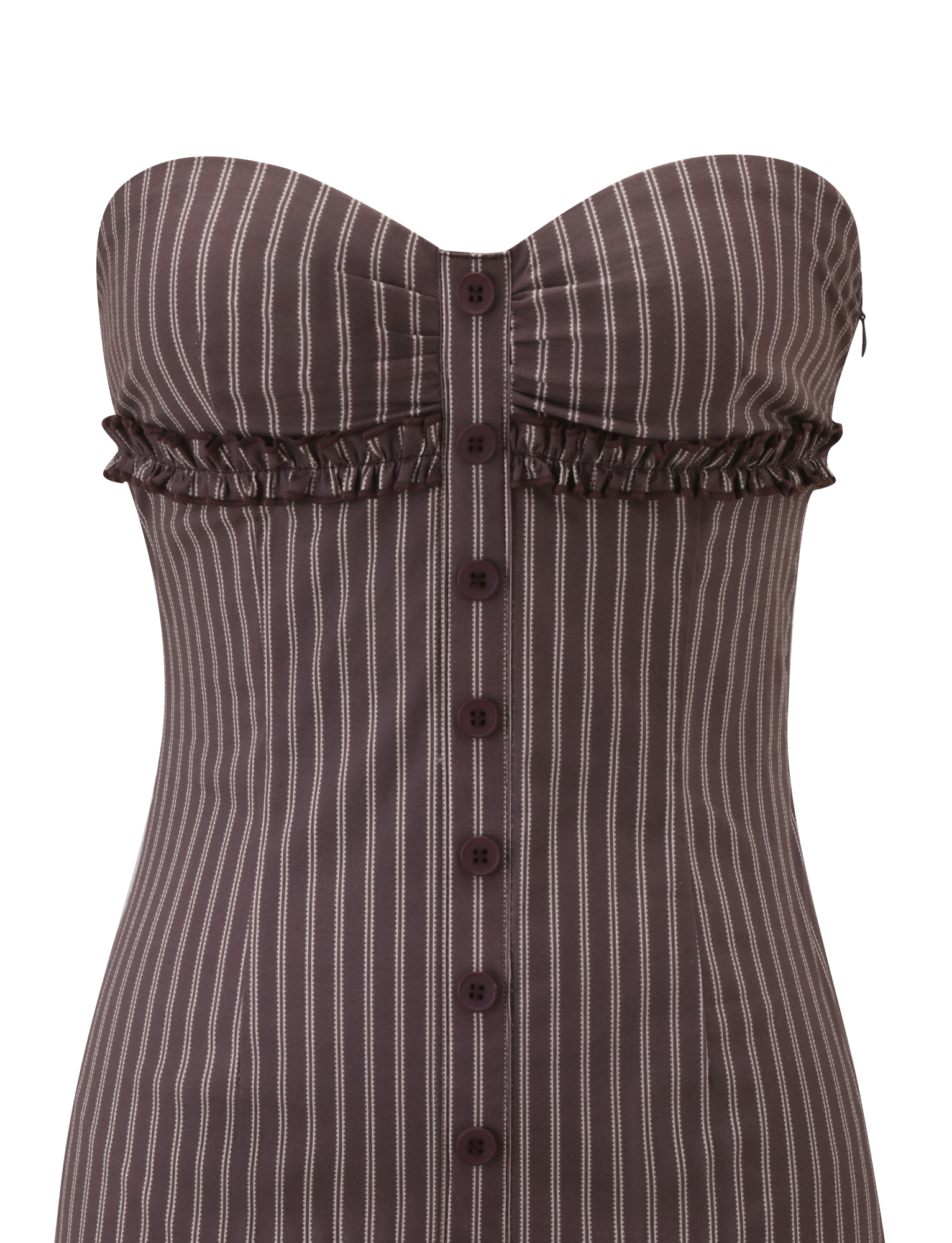 The KITTIE STRAPLESS DRESS by TIGERMIST features brown and cream stripes, a sweetheart neckline, front button closure, ruffle detail below the bust, and a fitted bodice.