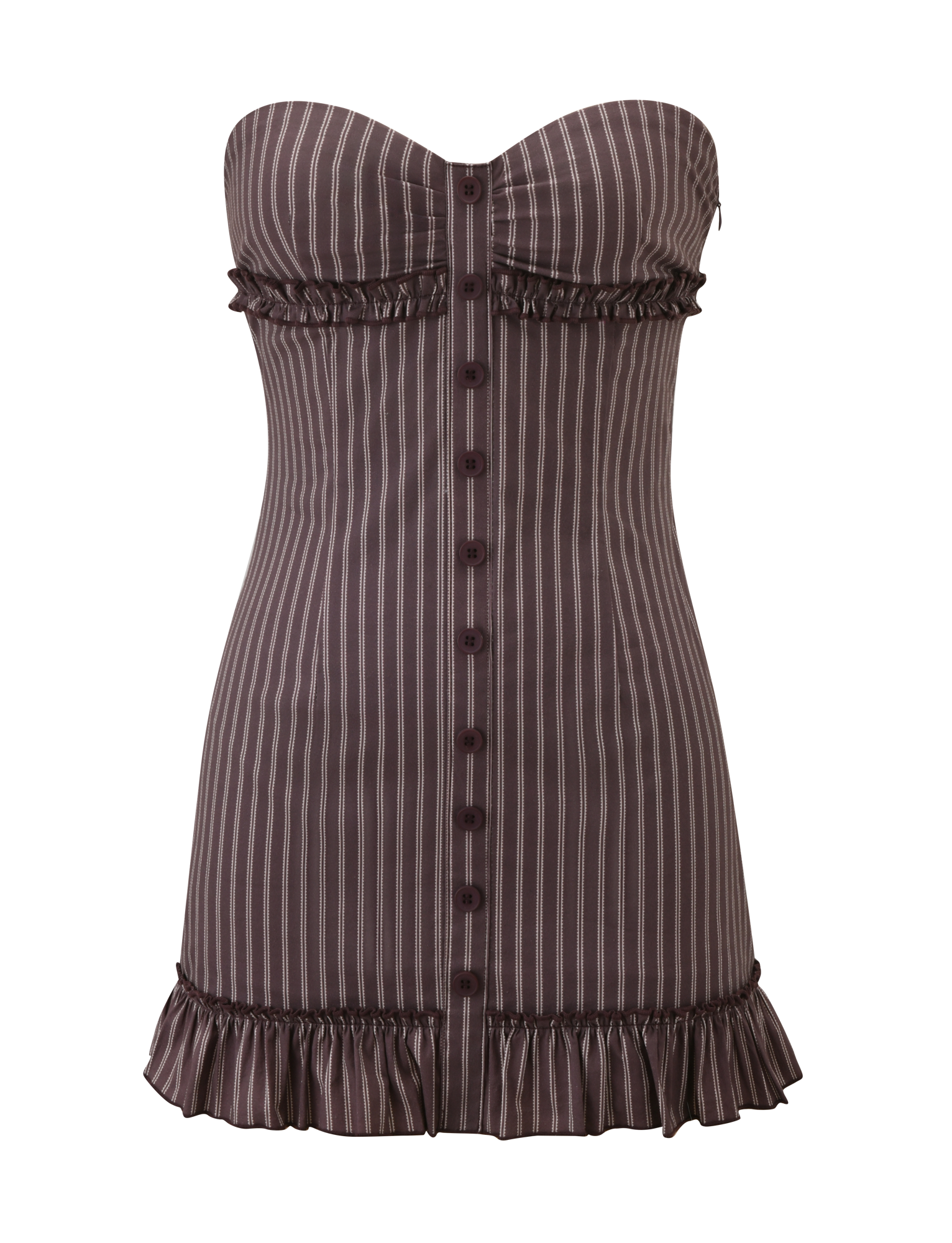 The KITTIE STRAPLESS DRESS by TIGERMIST features a sweetheart neckline, vertical brown and cream stripes, button-down front, and ruffle details at the bust and hem, shown on a plain white background.