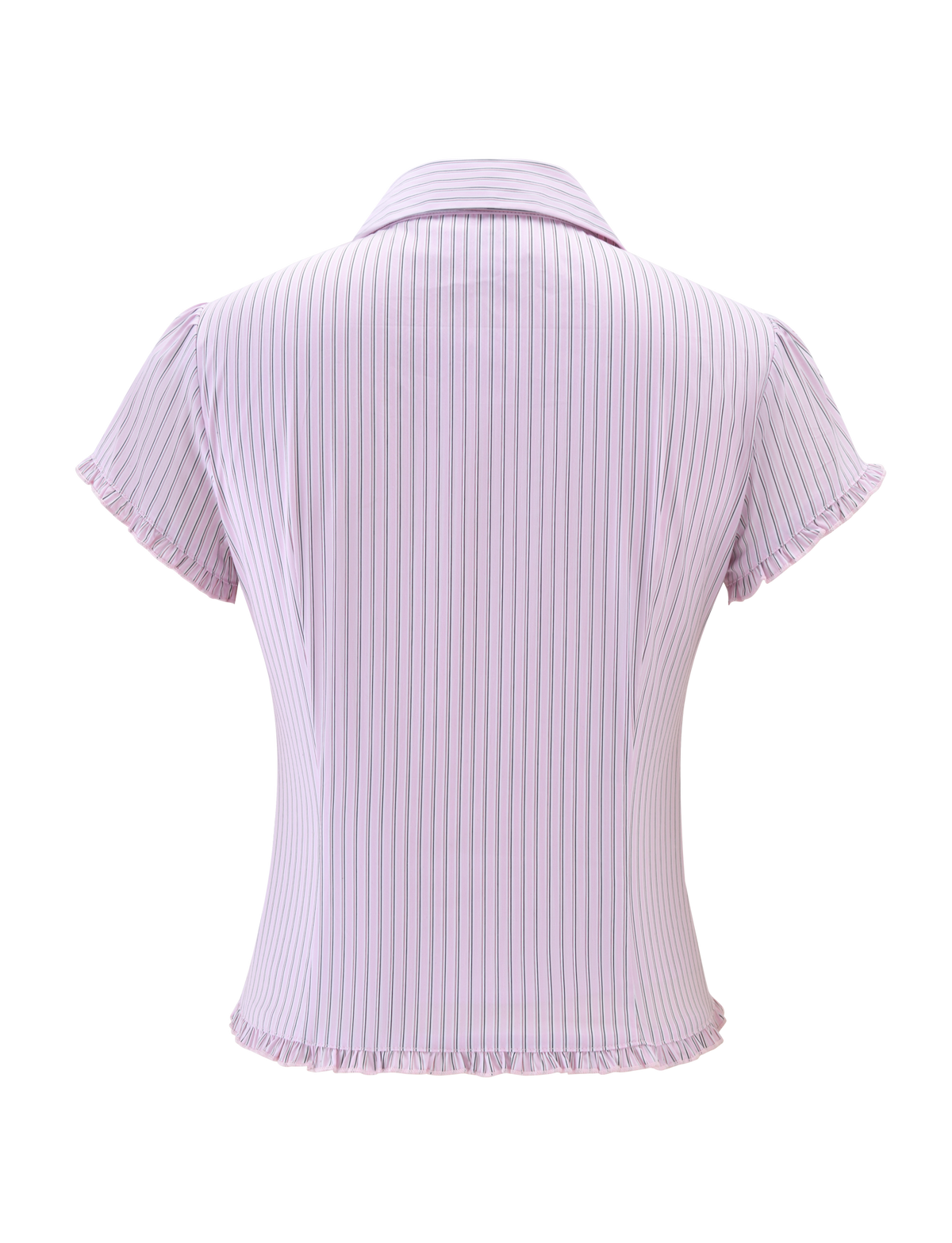 Back view of the VALERIE SHORT SLEEVE SHIRT - PINK STRIPE by TIGERMIST, featuring light pink with thin vertical stripes, a collar, and subtle ruffled edges on the sleeves and hem.