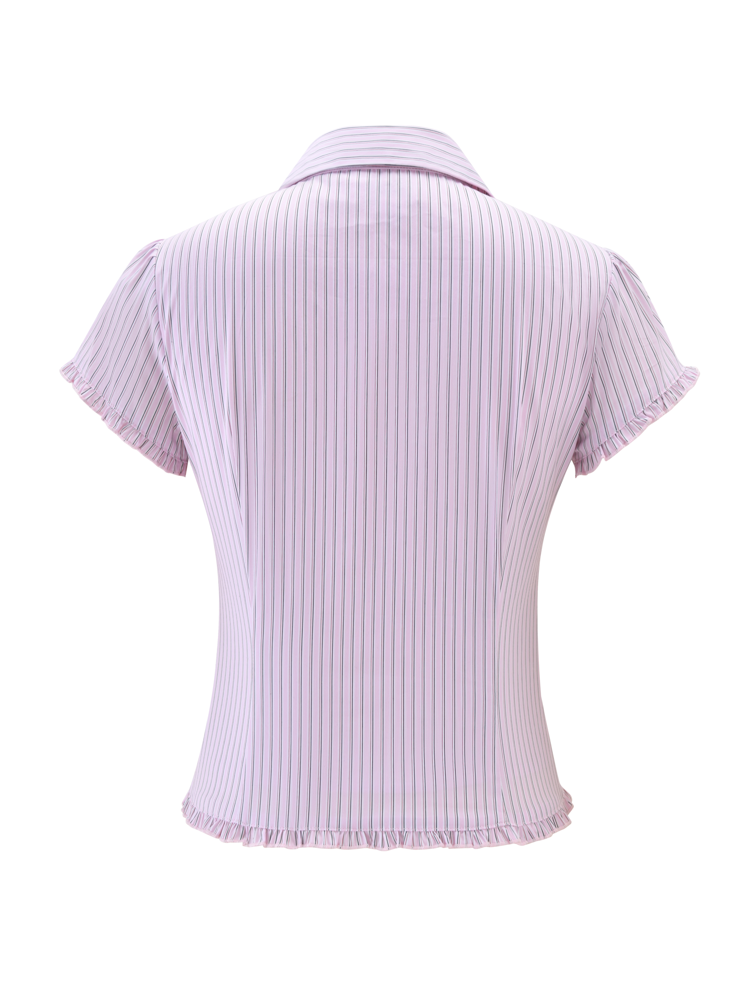 Back view of the VALERIE SHORT SLEEVE SHIRT - PINK STRIPE by TIGERMIST, featuring light pink with thin vertical stripes, a collar, and subtle ruffled edges on the sleeves and hem.