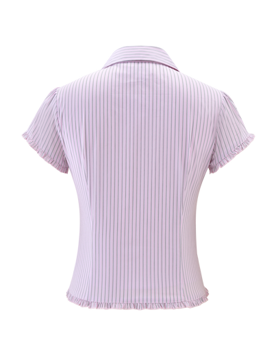 Back view of the VALERIE SHORT SLEEVE SHIRT - PINK STRIPE by TIGERMIST, featuring light pink with thin vertical stripes, a collar, and subtle ruffled edges on the sleeves and hem.
