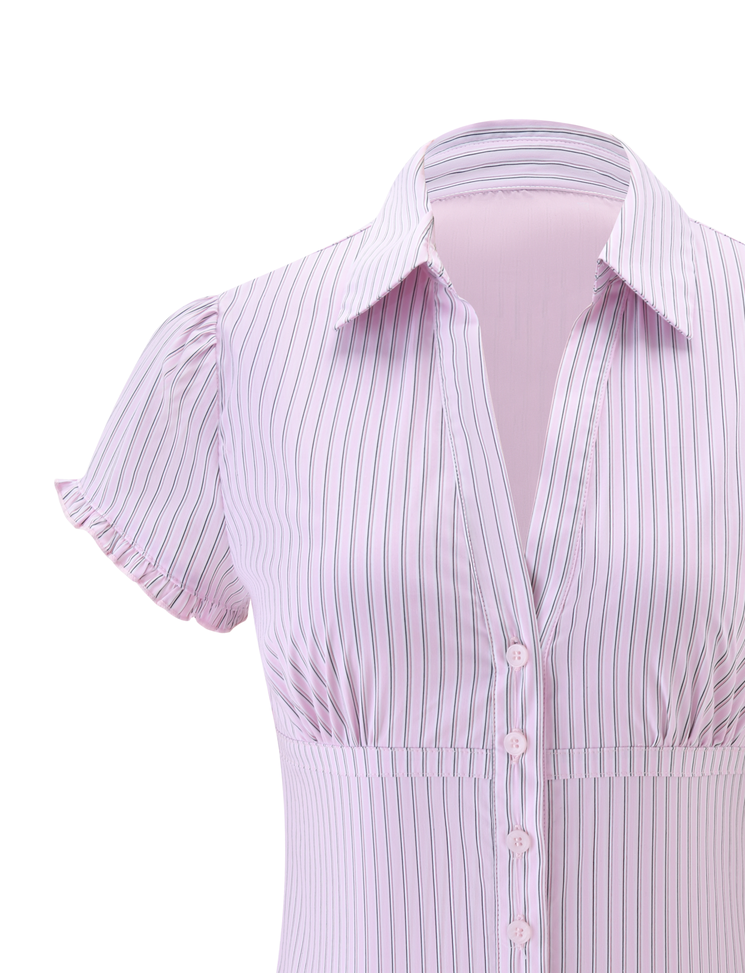 The VALERIE SHORT SLEEVE SHIRT - PINK STRIPE by TIGERMIST features light pink fabric with thin blue and white vertical stripes, a collared neckline, front buttons, and puffed short sleeves—adding effortless charm to any outfit.
