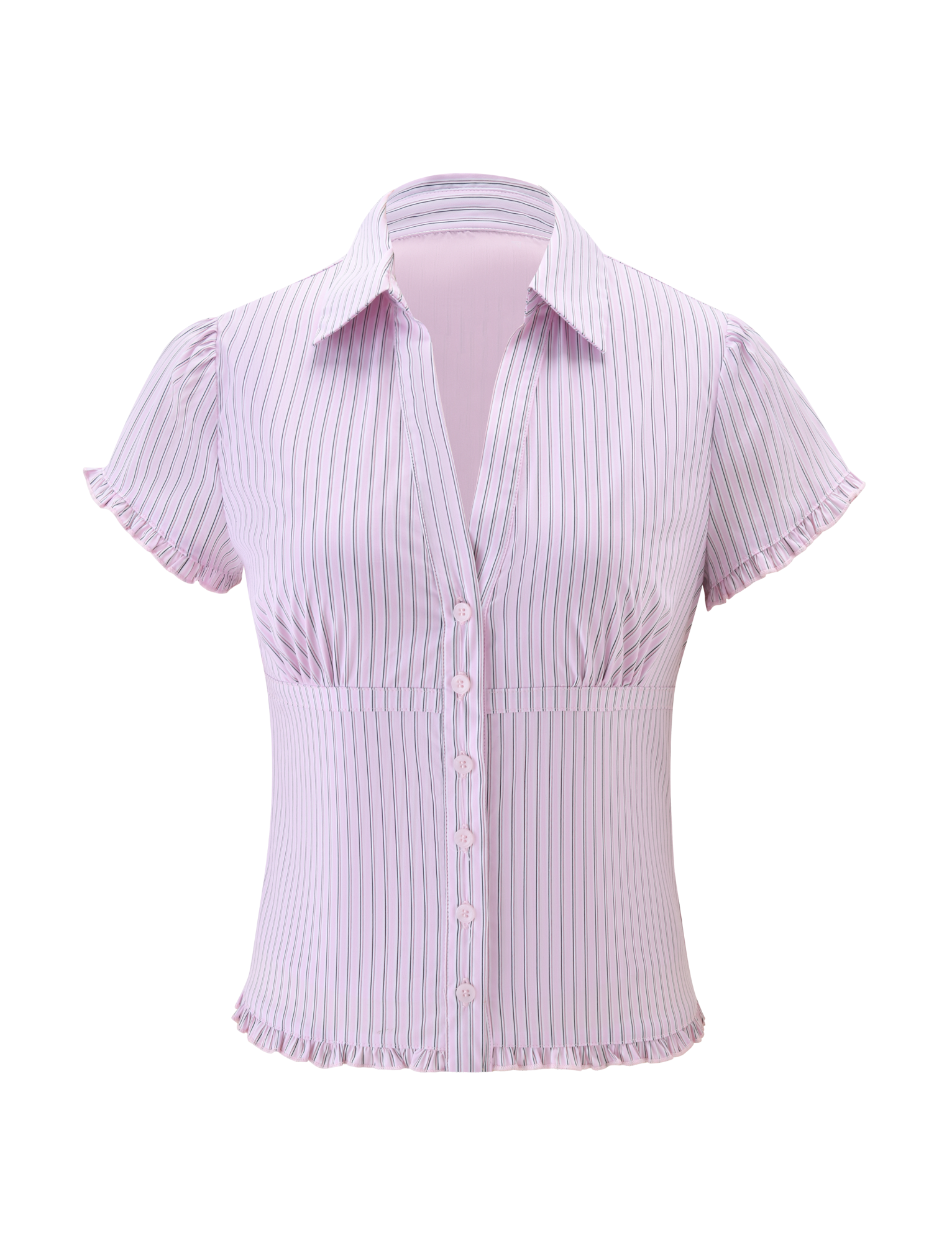 TIGERMIST VALERIE SHORT SLEEVE SHIRT - PINK STRIPE is a woven button-up with vertical pinstripes, collar, short sleeves, gathered waist, and ruffled hems—offering a feminine update to the classic stripe shirt.