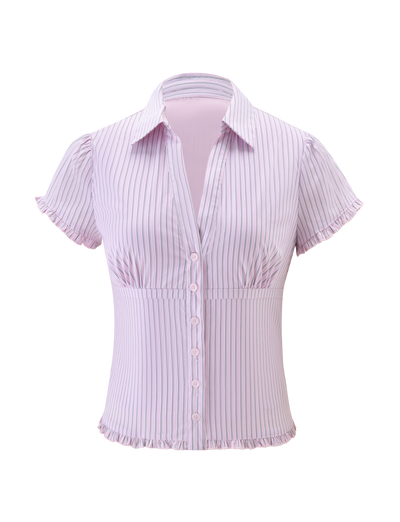 TIGERMIST VALERIE SHORT SLEEVE SHIRT - PINK STRIPE is a woven button-up with vertical pinstripes, collar, short sleeves, gathered waist, and ruffled hems—offering a feminine update to the classic stripe shirt.