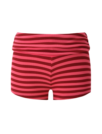 The TIGERMIST CERYS RIB SHORT in Pink Red Stripe features a high-waisted, ribbed knit design with horizontal red and burgundy stripes, a foldover waistband, and a snug fit, shown against a plain white background.