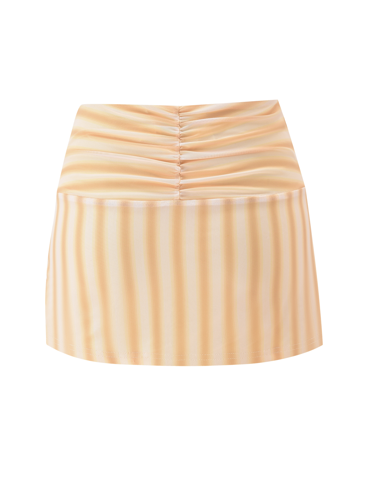 The TIGERMIST HAVANA SKIRT - YELLOW STRIPE is a short mesh mini skirt with a ruched waistband and vertical pastel yellow and white stripes, featuring front ruching, shown against a white background.