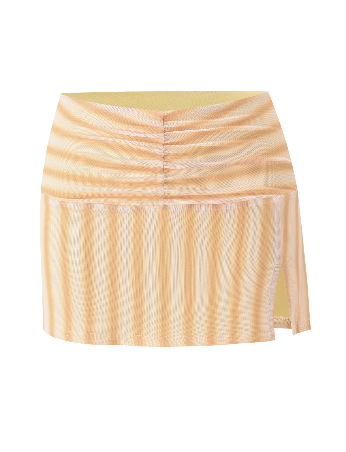 The TIGERMIST HAVANA SKIRT - YELLOW STRIPE is a mesh mini skirt with white vertical stripes, a ruched center seam, asymmetrical hem, and small side slit, displayed on a plain white background.