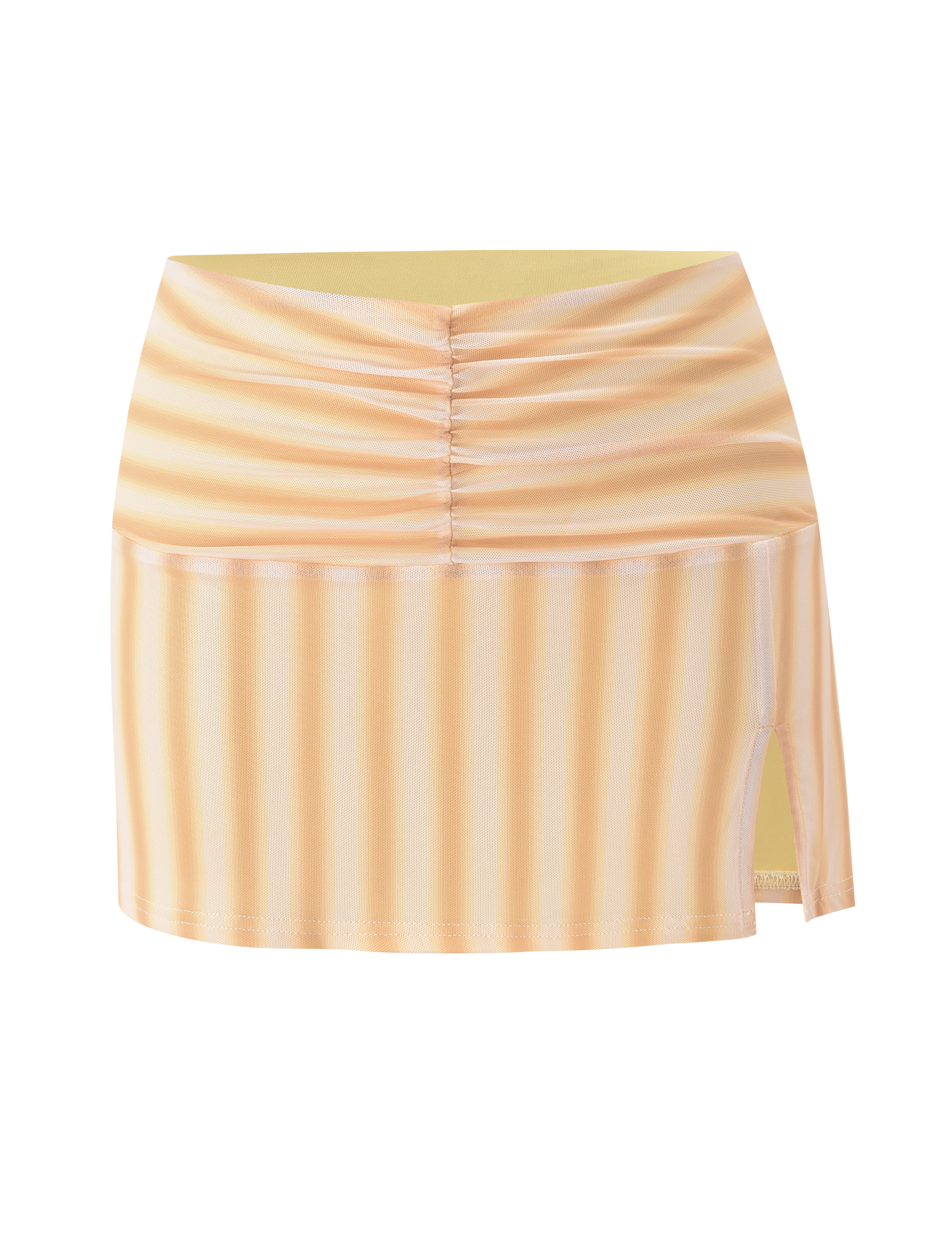 The TIGERMIST HAVANA SKIRT - YELLOW STRIPE is a mesh mini skirt with white vertical stripes, a ruched center seam, asymmetrical hem, and small side slit, displayed on a plain white background.