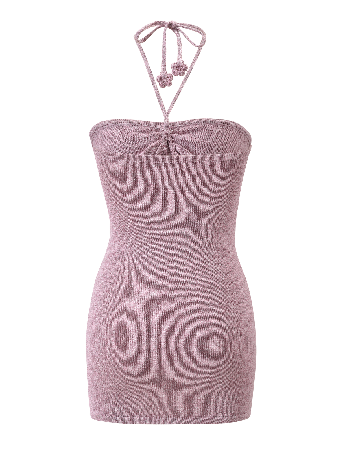 The SUNIA DRESS by TIGERMIST in baby pink is a strapless bodycon mini dress with a fitted cut, textured fabric, and a halter neckline featuring thin ties with decorative knots for simple elegance.