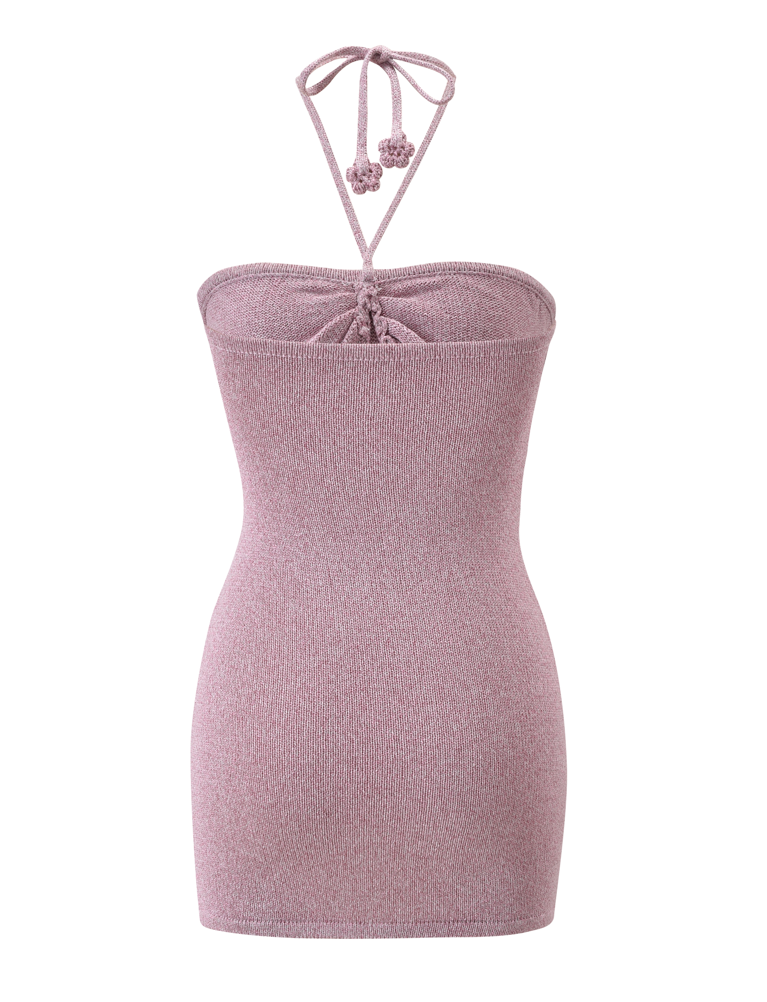 The SUNIA DRESS by TIGERMIST in baby pink is a strapless bodycon mini dress with a fitted cut, textured fabric, and a halter neckline featuring thin ties with decorative knots for simple elegance.