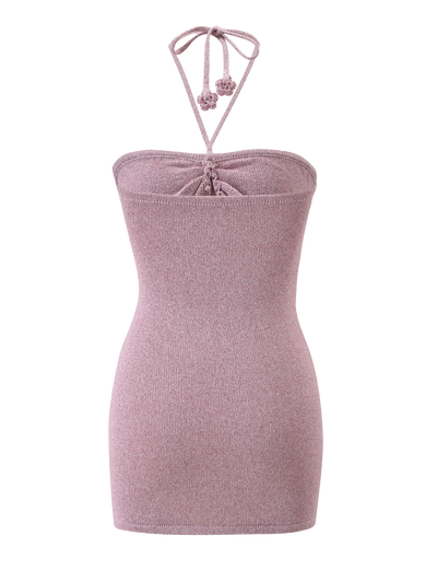 The SUNIA DRESS by TIGERMIST in baby pink is a strapless bodycon mini dress with a fitted cut, textured fabric, and a halter neckline featuring thin ties with decorative knots for simple elegance.