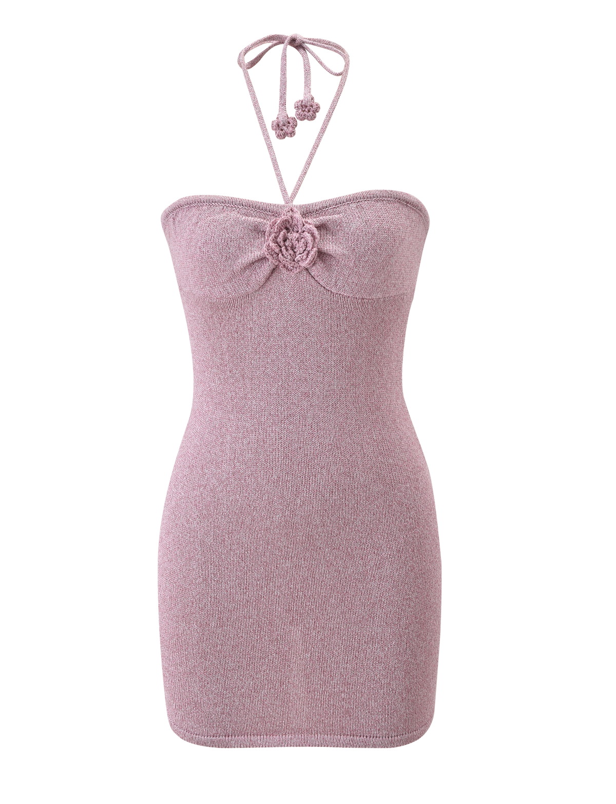 The SUNIA DRESS by TIGERMIST is a sleeveless baby pink knit mini dress featuring a halter neckline, rose appliqué at the bust, and a fitted silhouette.