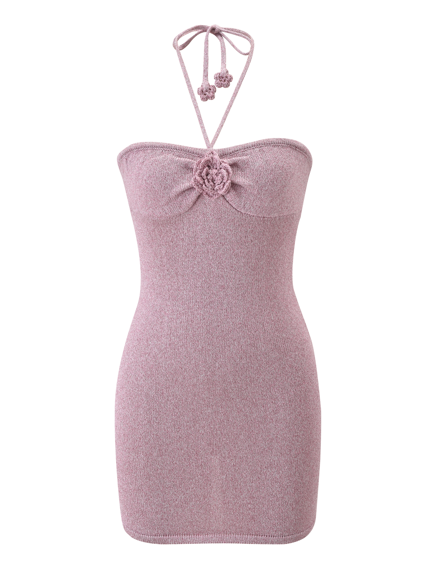 The SUNIA DRESS by TIGERMIST is a sleeveless baby pink knit mini dress featuring a halter neckline, rose appliqué at the bust, and a fitted silhouette.