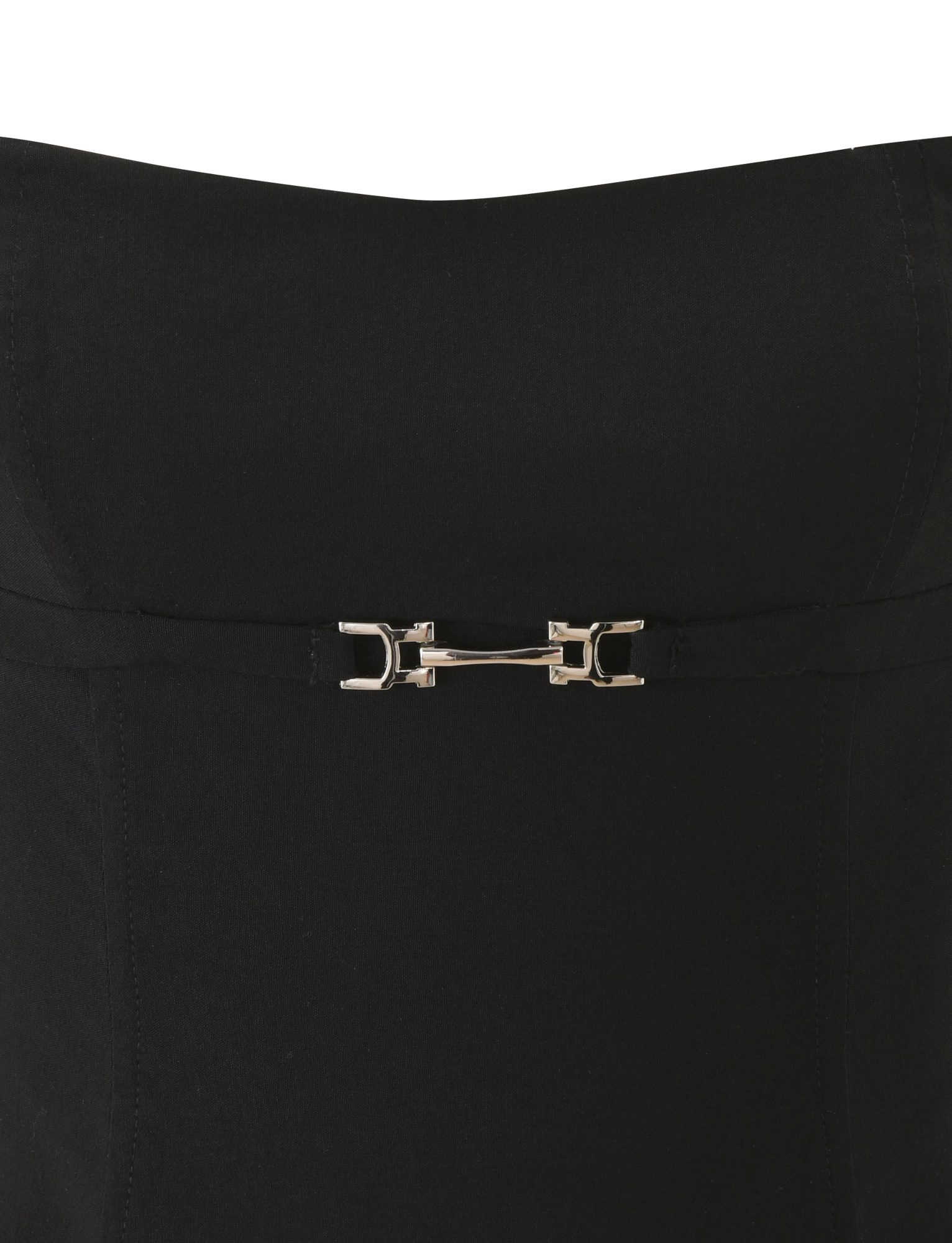 Close-up of the TIGERMIST KITTIE BUCKLE TOP - BLACK, a strapless and backless top with a silver front clasp, set against a plain white background.
