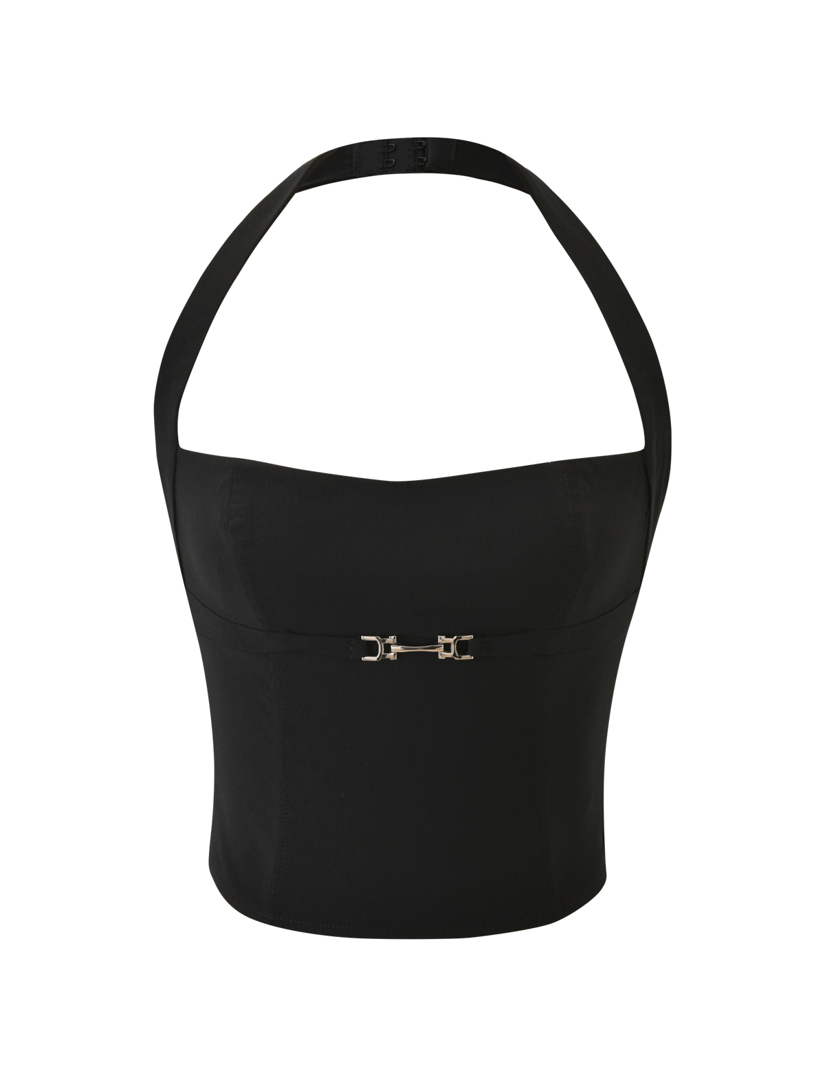 The TIGERMIST KITTIE BUCKLE TOP - BLACK is a halter crop top with a fitted silhouette, metallic front buckle, and bold backless style, set against a plain white background.