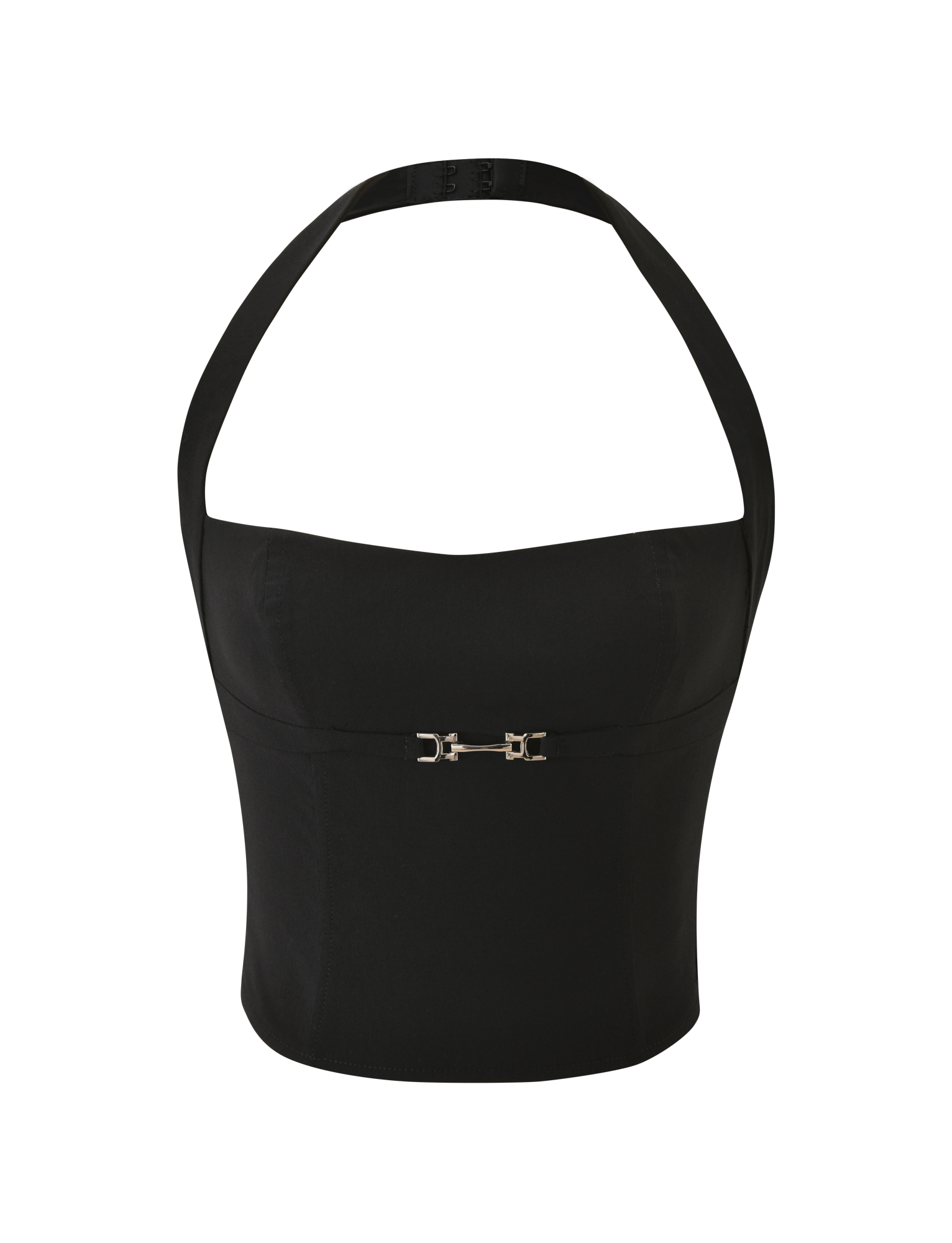 The TIGERMIST KITTIE BUCKLE TOP - BLACK is a halter crop top with a fitted silhouette, metallic front buckle, and bold backless style, set against a plain white background.