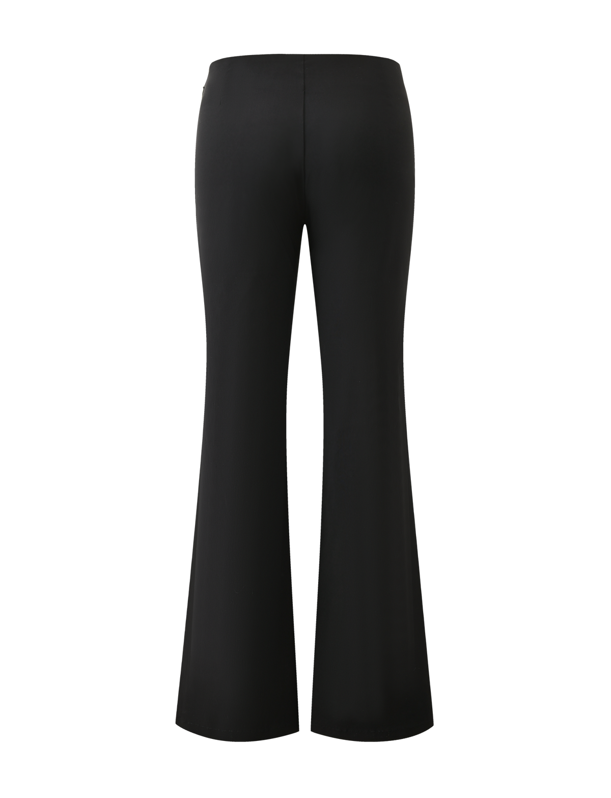 The TIGERMIST KITTIE BUCKLE PANT - BLACK features a high waist, smooth stretch suiting fabric with a subtle sheen, and a flattering flared leg silhouette seen from the back.