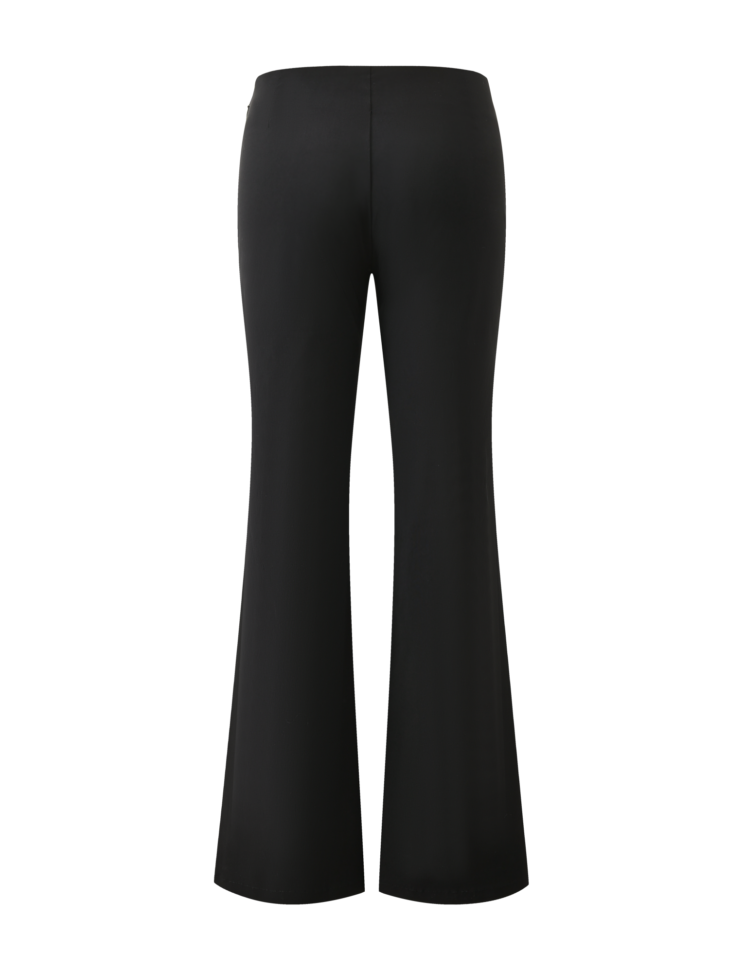 The TIGERMIST KITTIE BUCKLE PANT - BLACK features a high waist, smooth stretch suiting fabric with a subtle sheen, and a flattering flared leg silhouette seen from the back.